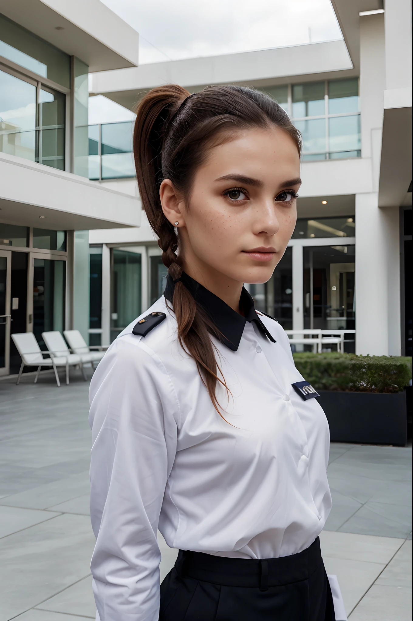 Eye contact with a 30yo girl dressed in elegant security guard uniform, ponytail hair, face with some freckles and some little skin moles, in front of a hotel scenario