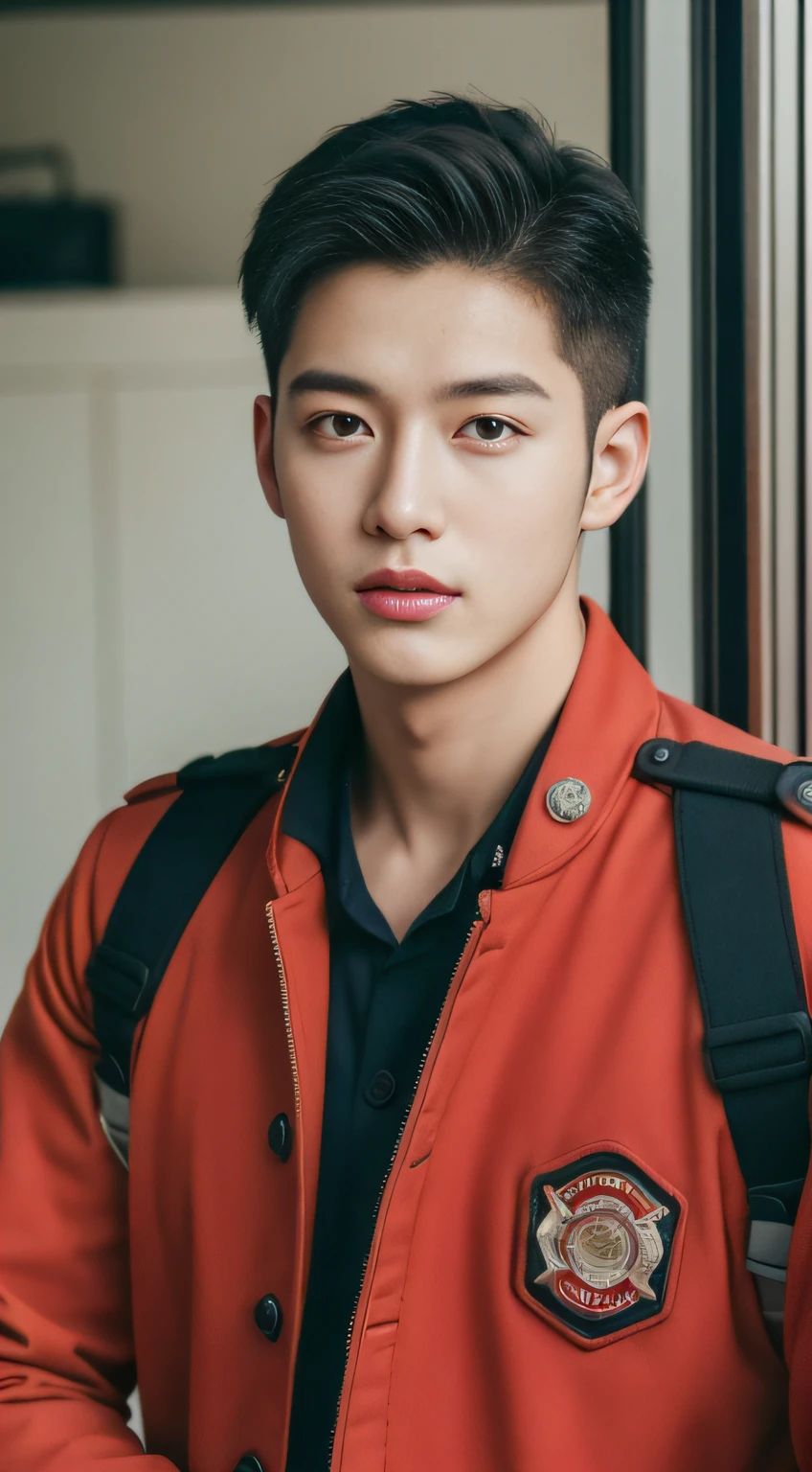 Best quality , Handsome, Military youth, fireman,exteriors,fire truck