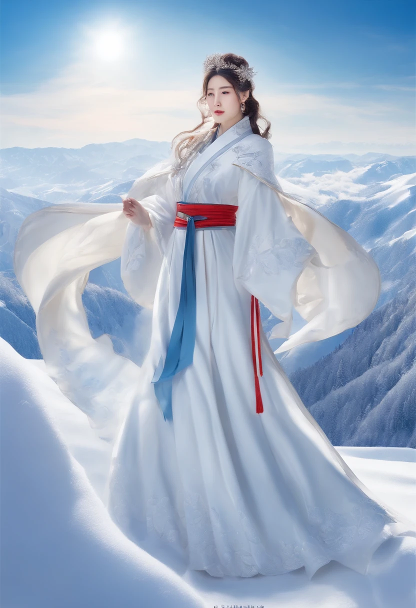 Kikurihime Hakusan, Goddess standing on snowy white mountain。Kikurihime's background is a cloudless blue sky。