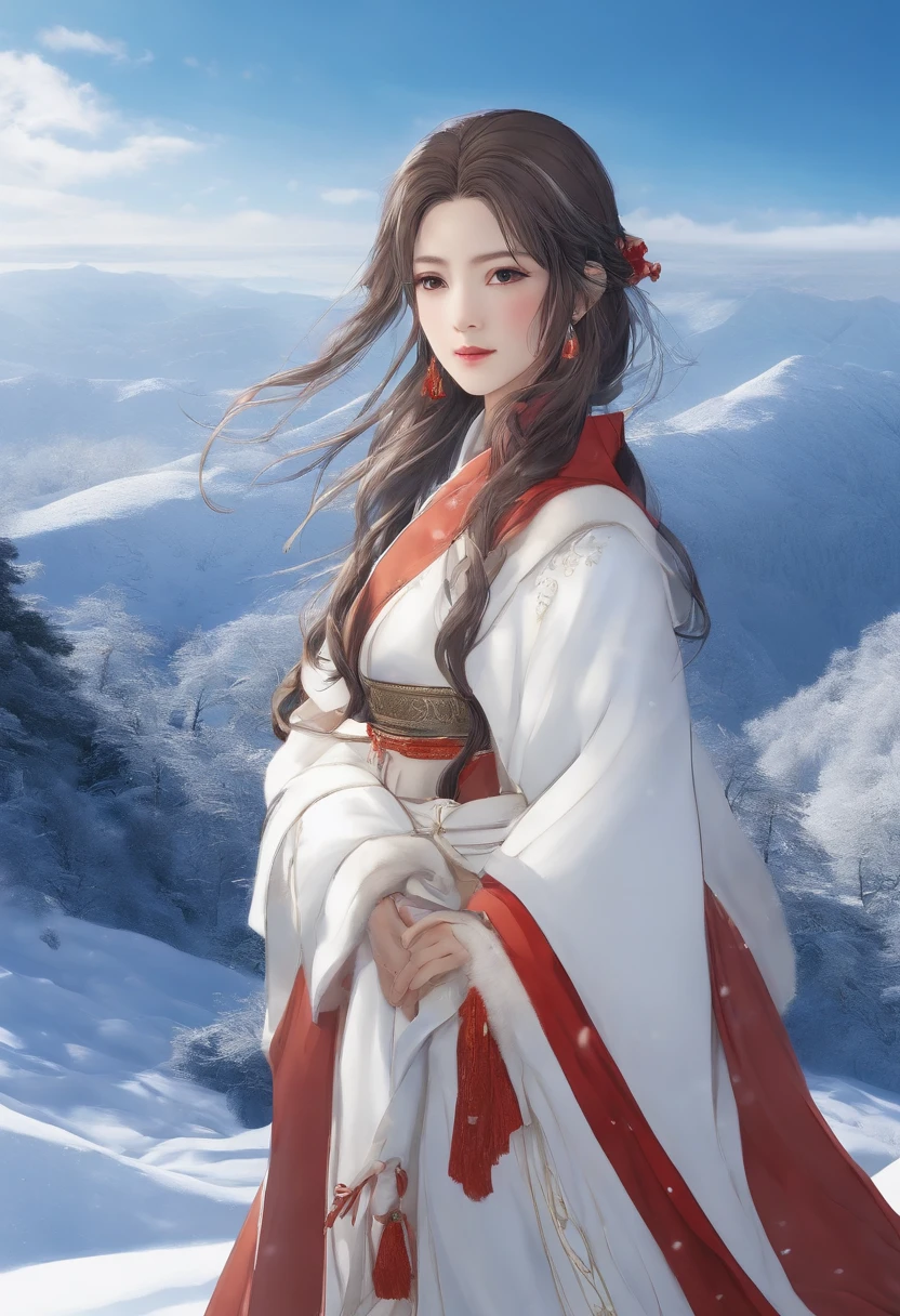Kikurihime Hakusan, Goddess standing on snowy white mountain。Kikurihime's background is a cloudless blue sky。