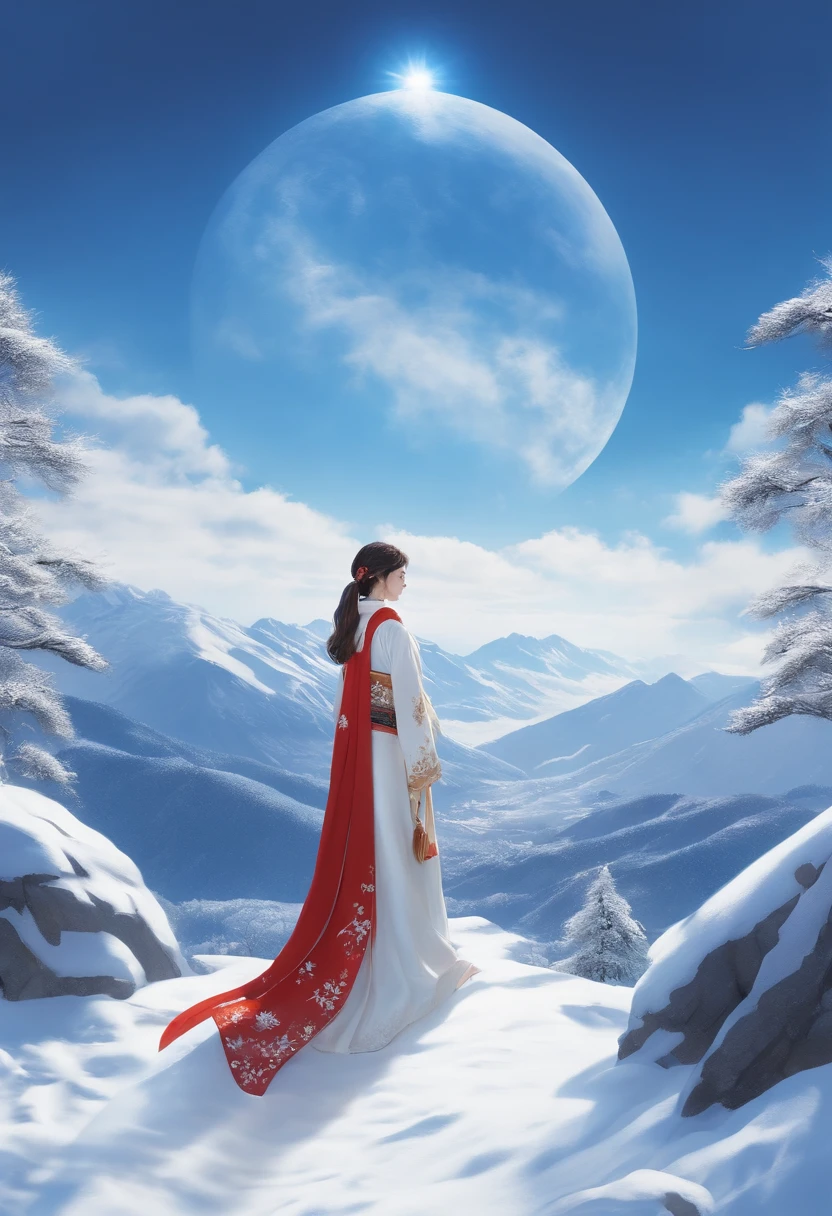 Kikurihime Hakusan, Goddess standing on snowy white mountain。Kikurihime's background is a cloudless blue sky。