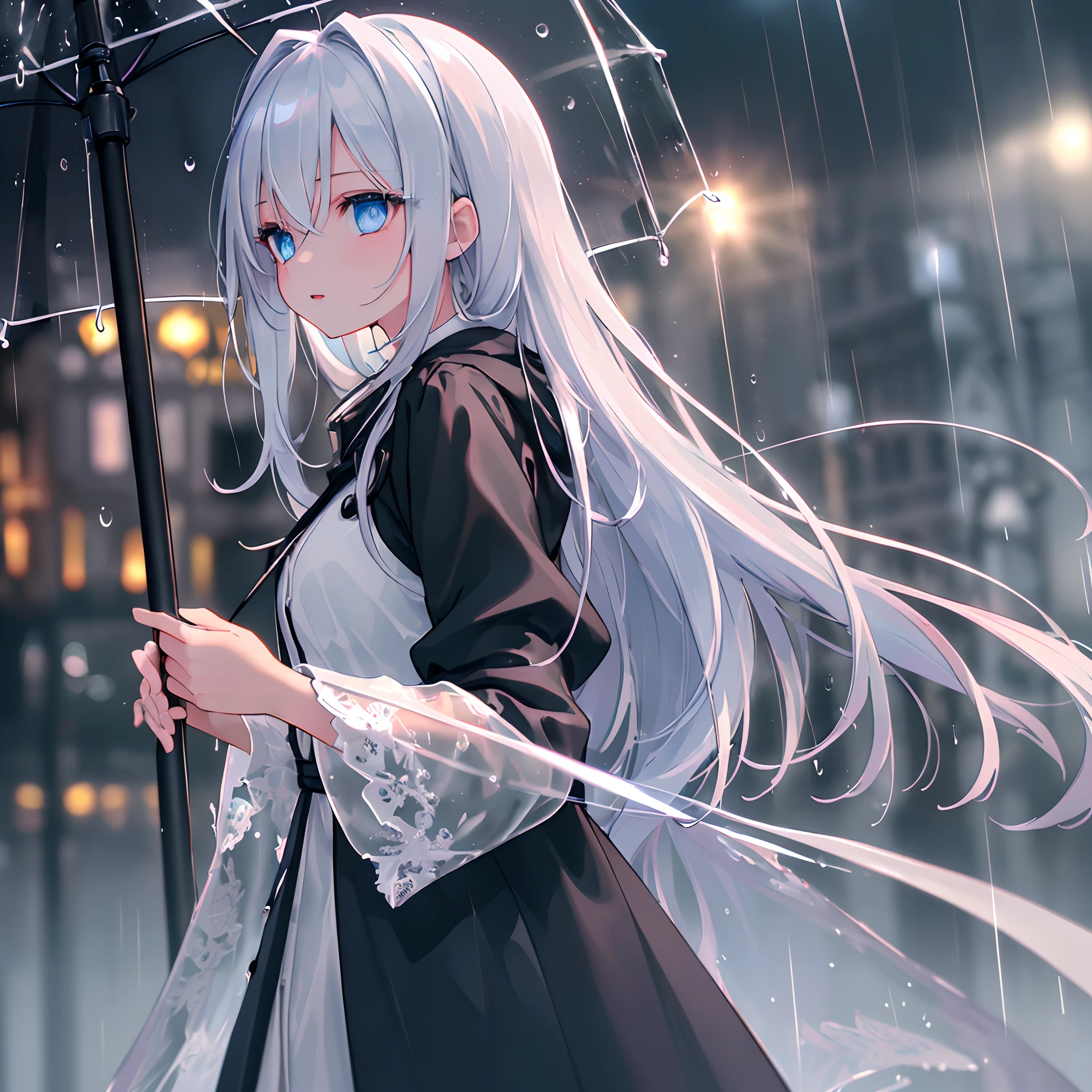 (masterpiece:1.21), (best quality:1.331), ((ultra-detailed)), ((extremely best illustration)), ((amazing)), (hyper quality), Gorgeous and rich graphics,
(extremely delicate and beautiful:1.21), 8k, wallpaper, (extremely beautiful lighting), hard light, delicate composition, (perfect conposition), (extremely beautiful and detailed background:1.21), rembrandt style expression of light and shadow, dark tone, (low-key and high-variance colorscale), ((depth of field)), deep shadow,
dynamic angle, from side, upper body, radial blur,
rain, (city lights, blurry background),
(1girl),(beautiful detailed eyes), clear blue eyes, long and silver french braid hair,
fatigues,
transparent raincoat, wet clothes and wet skin and dripping wet hair,
lens flare, string lights, street,, masterpiece, best quality,
