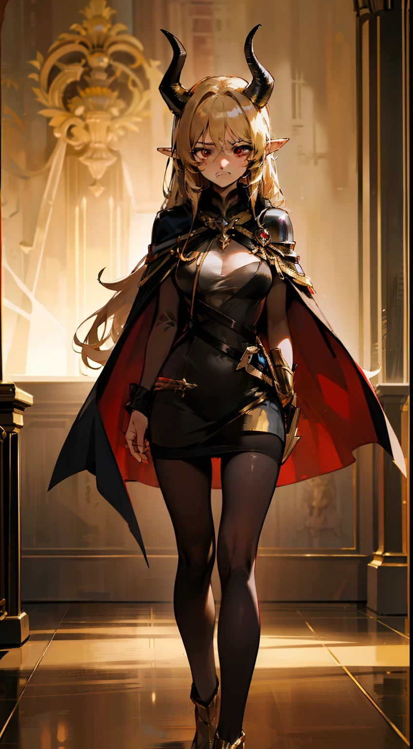 1woman,40 years,madure woman,solo,angry face,golden and black short dress,medium tits,dark hair,long hair,red eyes,elves ears,golden horns,pantyhose,cape,(((standing in front of a room inside a castle)))