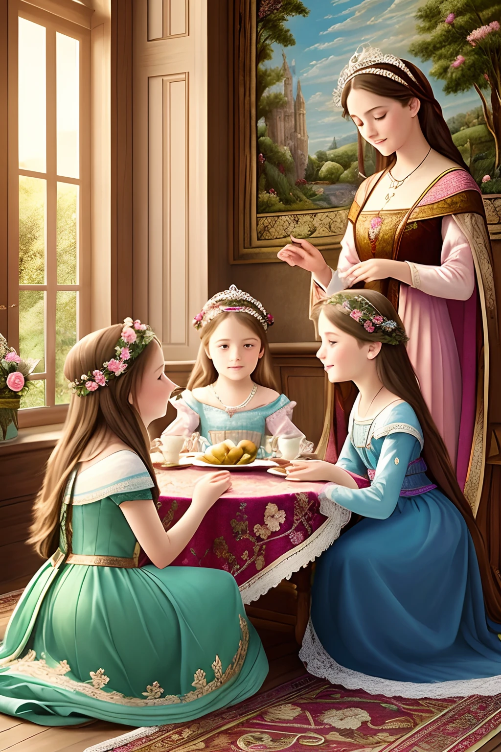 cartoon style (high resolution: 1.2),Happy moment, medieval mother and 2 daughters, go shopping at village market, cheer, bunnies and duck, beautiful detailed eyes, lush green garden, long flowing hair, traditional medieval clothes, castle in the background, soft natural light, portrait, realistic colors, tranquil atmosphere, immaculate details, classic oil painting, antique style, a moment frozen in time, subtle brushstrokes, vibrant hues, serene expressions, bond of love between mother and daughters , graceful poses, sunlight streaming through the trees, meticulous attention to detail, expression of tenderness and care, impressive depth and scale, majestic architecture, storybook atmosphere, caring presence of the mother, sparkling jewels and headdresses, triumphant but tender, antique tapestries and decorations, floral motifs and embroidery, draped fabrics and textures, delicate lace and ruffles, sumptuous banquet table in the castle, playful interaction between daughters, jewel-toned stained glass windows, flowers blooming lushly, butterflies and birds flutter around, stories and mysteries revealed, an enchanting tale of love and family.