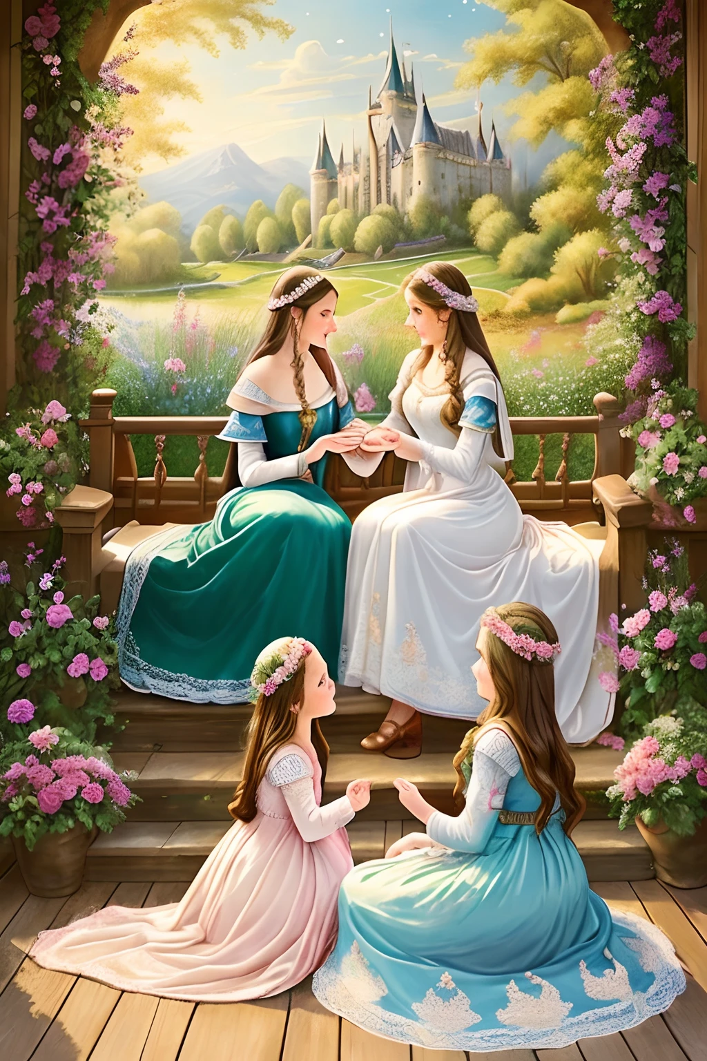 cartoon style (high resolution: 1.2),Happy moment, medieval mother and 2 daughters, go shopping at village market, cheer, bunnies and duck, beautiful detailed eyes, lush green garden, long flowing hair, traditional medieval clothes, castle in the background, soft natural light, portrait, realistic colors, tranquil atmosphere, immaculate details, classic oil painting, antique style, a moment frozen in time, subtle brushstrokes, vibrant hues, serene expressions, bond of love between mother and daughters , graceful poses, sunlight streaming through the trees, meticulous attention to detail, expression of tenderness and care, impressive depth and scale, majestic architecture, storybook atmosphere, caring presence of the mother, sparkling jewels and headdresses, triumphant but tender, antique tapestries and decorations, floral motifs and embroidery, draped fabrics and textures, delicate lace and ruffles, sumptuous banquet table in the castle, playful interaction between daughters, jewel-toned stained glass windows, flowers blooming lushly, butterflies and birds flutter around, stories and mysteries revealed, an enchanting tale of love and family.