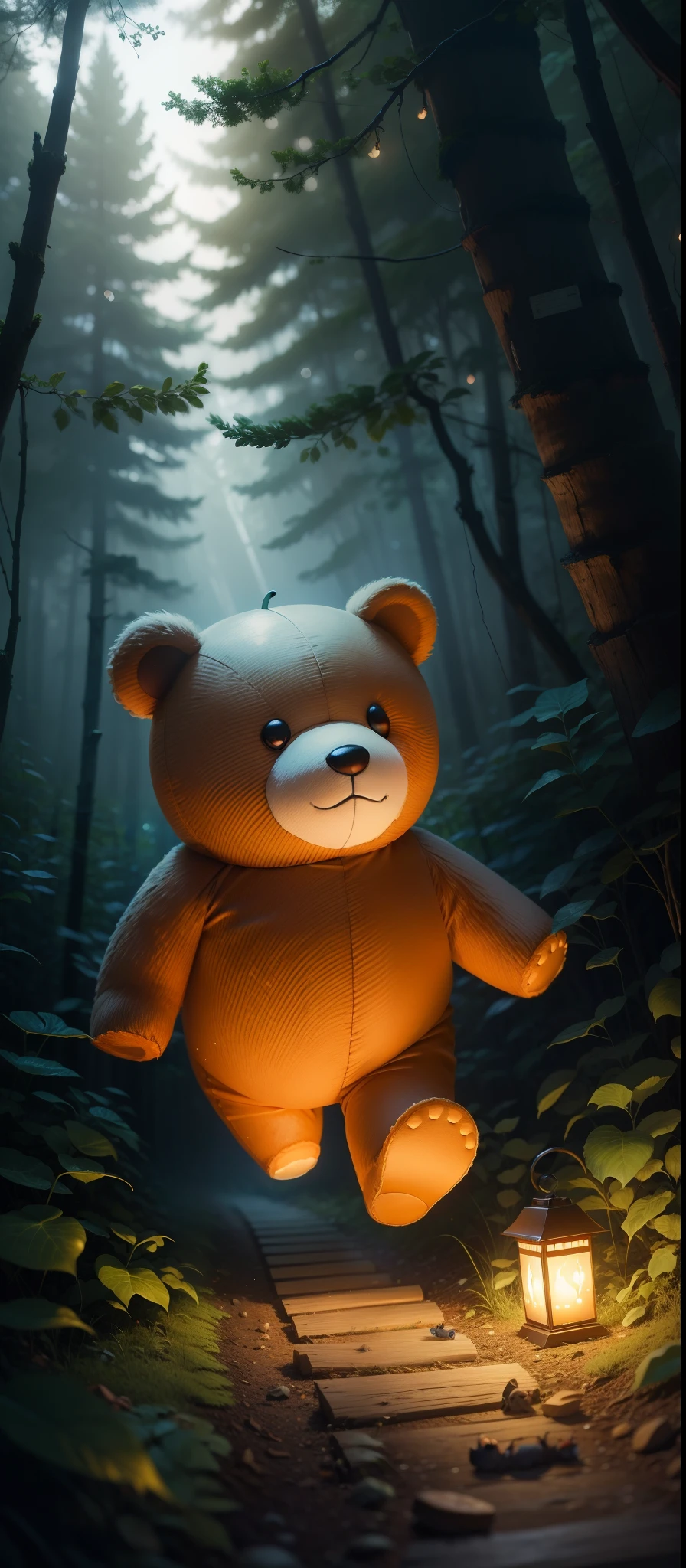 In the forest,Plush bear dolls running with insect traps to catch fireflies