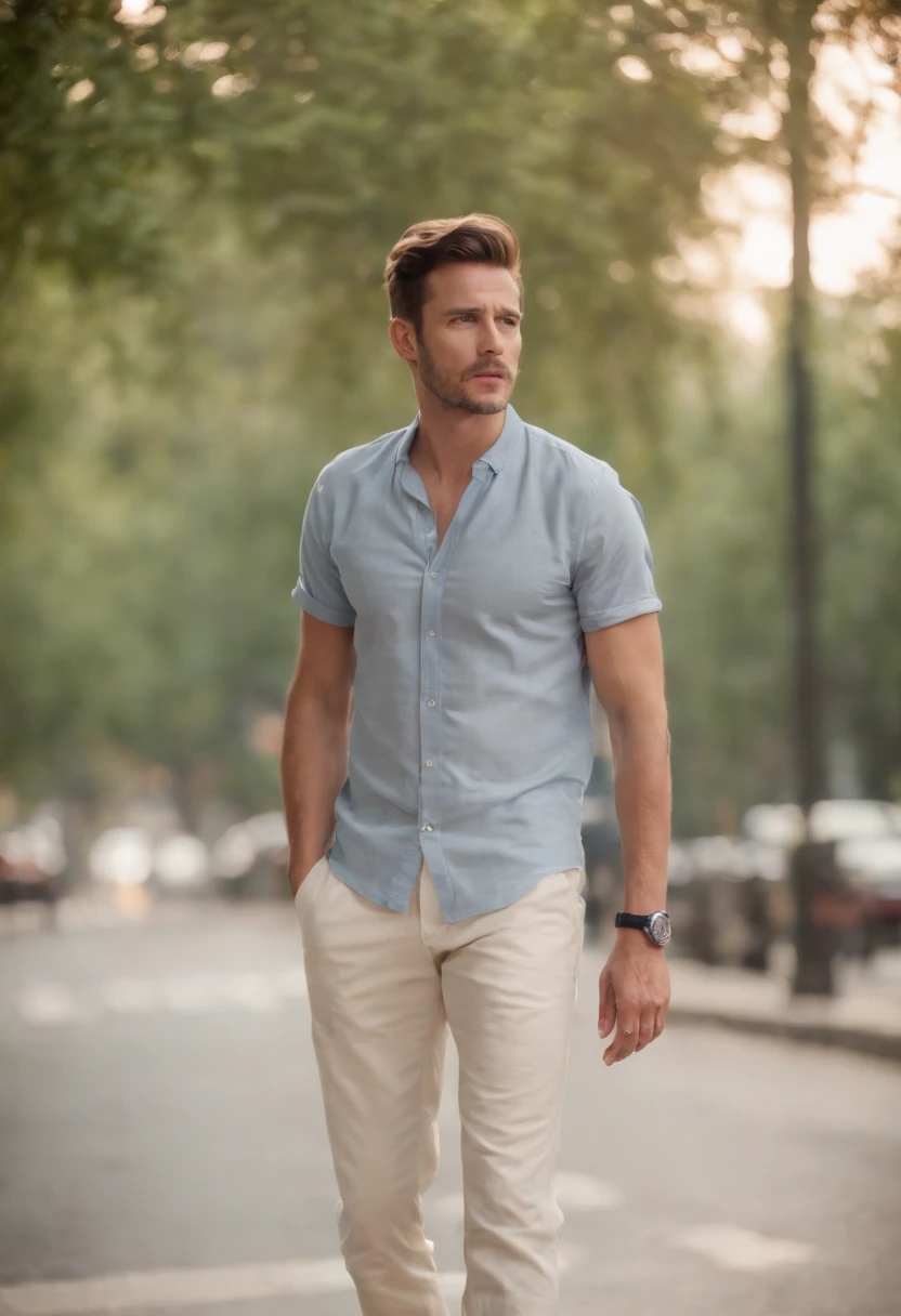 (( man)) wearing short shirt, long pants and sneakers,medium long shot