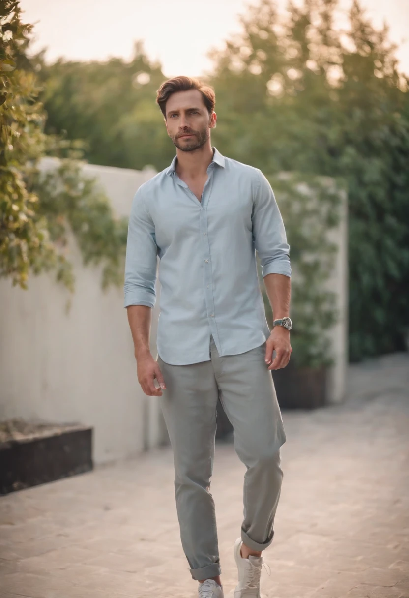 (( man)) wearing short shirt, long pants and sneakers,medium long shot