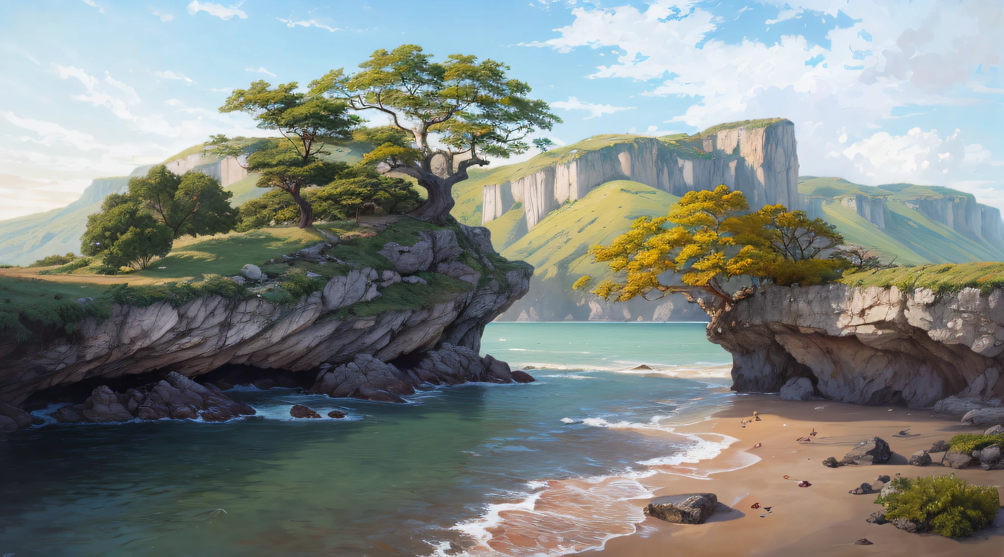 There is a painting of a tree on a cliff at the water's edge, detailed trees and cliffs, pintura digital, Pintura Digital de Alto Detalhe, pintura digital detalhada, baixo detalhamento. pintura digital, pintura digital muito detalhada, Pintura digital 4K HD, pintura de ambientes, arte conceitual de pintura digital, pintura digital bonita, pintura digital altamente detalhada, 8k resolution digital painting