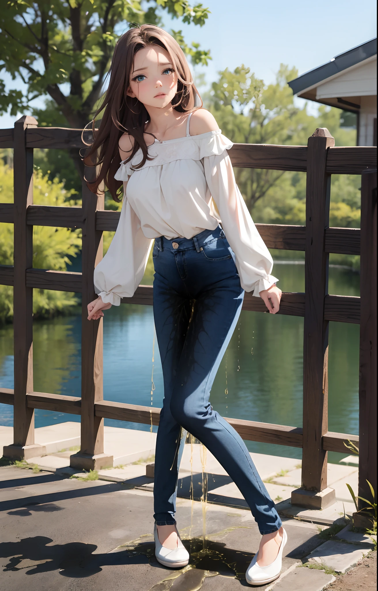 masterpiece, extremery magnificent view, perspective, extremery best quality, extremery detailed CG, 8k wallpaper, high resolution, highly detailed face, highly detailed eyes, perfect anatomy, super detailed skin,
(dynamic angle), outdoors, park, tree and pond, (portrait, legs focus, full body), (beautiful face, beautiful eyes, beautiful legs:1.3), (((((pee stain))))), (have to pee, peeing self),
1 girl, solo, (white blouse, blue denim pants:1.3), worried, blush, bare shoulder, long sleeves, (skinny jeans pants:1.3), large breasts, brown hair, long hair, wavy hair, open forehead, blue eyes, skinny, slender, wide hips, thin waist