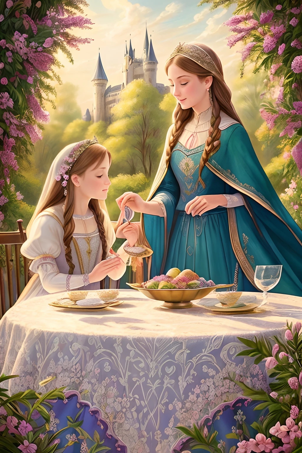 cartoon style (high resolution: 1.2),Happy moment, medieval mother and daughters, go shopping at village market, cheer, bunnies and duck, beautiful detailed eyes, lush green garden, long flowing hair, traditional medieval clothes, castle in the background, soft natural light, portrait, realistic colors, tranquil atmosphere, immaculate details, classic oil painting, antique style, a moment frozen in time, subtle brushstrokes, vibrant hues, serene expressions, bond of love between mother and daughters , graceful poses, sunlight streaming through the trees, meticulous attention to detail, expression of tenderness and care, impressive depth and scale, majestic architecture, storybook atmosphere, caring presence of the mother, sparkling jewels and headdresses, triumphant but tender, antique tapestries and decorations, floral motifs and embroidery, draped fabrics and textures, delicate lace and ruffles, sumptuous banquet table in the castle, playful interaction between daughters, jewel-toned stained glass windows, flowers blooming lushly, butterflies and birds flutter around, stories and mysteries revealed, an enchanting tale of love and family.