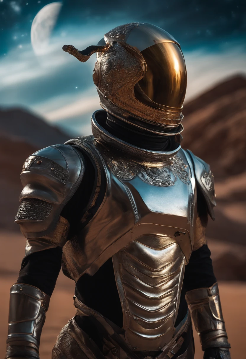 um close up de uma pessoa em um traje espacial, with bull's head, com uma lua cheia ao fundo, samurai touro da lua, lunar themed attire, astronauta futurista, Armadura Espacial, traje espacial brilhante, Astronauta Centauro, vestido com traje espacial, knights templar in a space suit, gladiador vestindo traje espacial, em traje espacial, fully space suited, astronaut cyberpunk electric, an evil alien astronaut