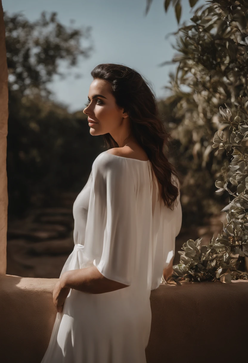 woman posing for a picture in an outdoor setting, sitting on top of a table that is placed in front of a rocky cliff, creating a stunning backdrop for the photo shoot, woman is wearing minimal clothing, with only underwear and a white see-trough dress covering her body, the furniture used for this photoshoot includes a chair and table, both made from natural materials such as wood or wicker, her legs are crossed at her ankles while she sits on top of the table, drawing attention to her long limbs and toned physique, fit legs, big ass, thicc ass, brunette hair, long hair