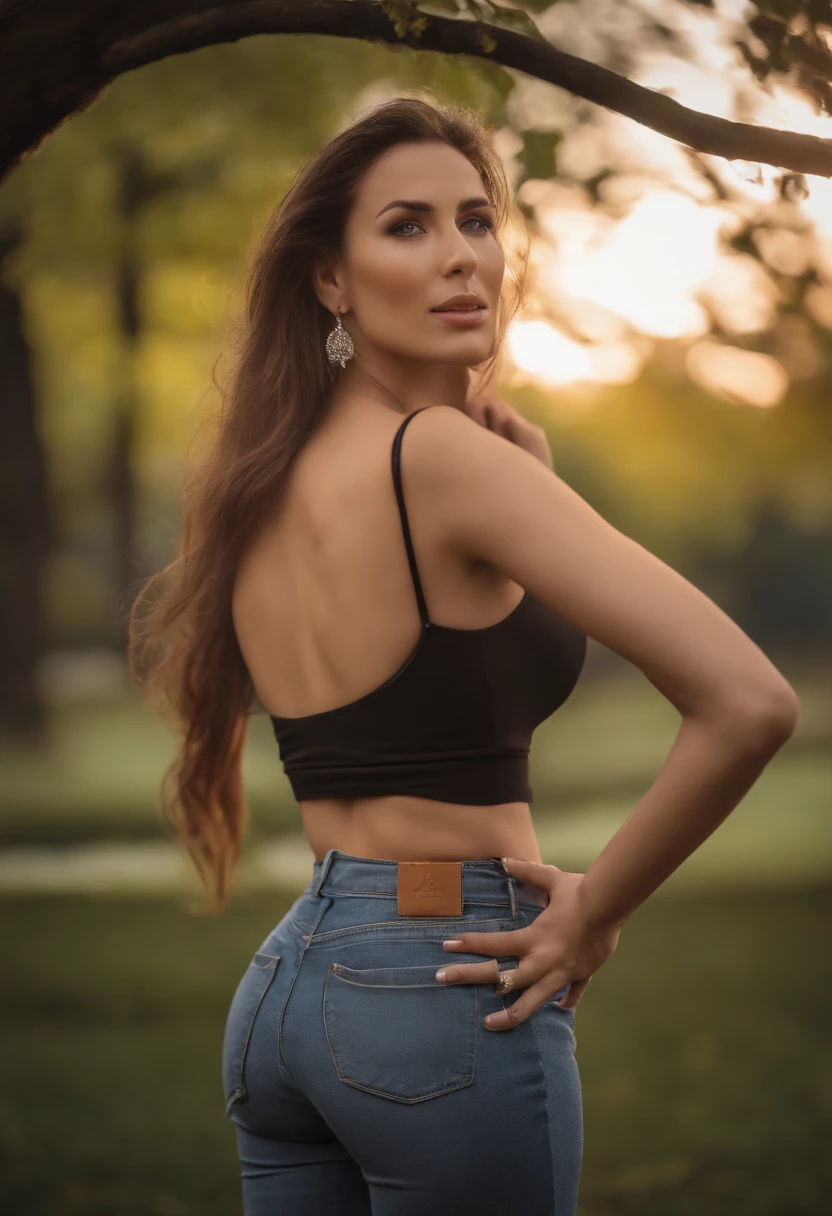 Nikon Z 85mm, ((best quality)), 4K, highly detailed, sharp focus, professional, photorealistic, post-processing, max detail, real life, photography, 8k, upper body, shiny hair, glowing eyes, lustrous skin, realistic, huge breasts, perfect female figure, mature female, looking at viewer, seductive posture, sexy pose, at the park