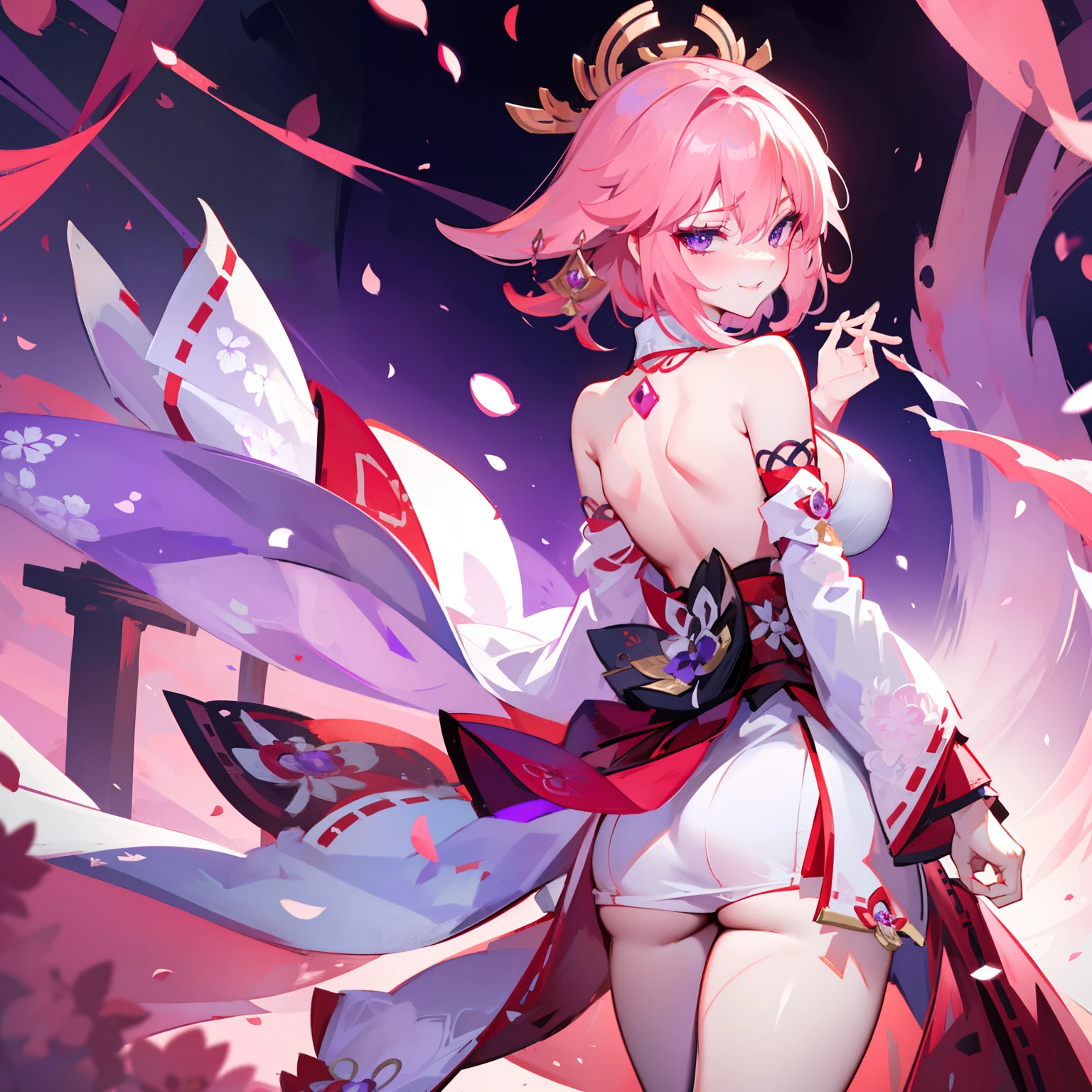 Yae Miko (Only one person..) (short pink hair, purple eyes.)White dress,red face, Embarrassed.,Erotic smile,Red lips,A Beautiful Girl,Middle chest,bride,queen,wife,Saw the legs..,Stand with your back to us.,RAW photo
