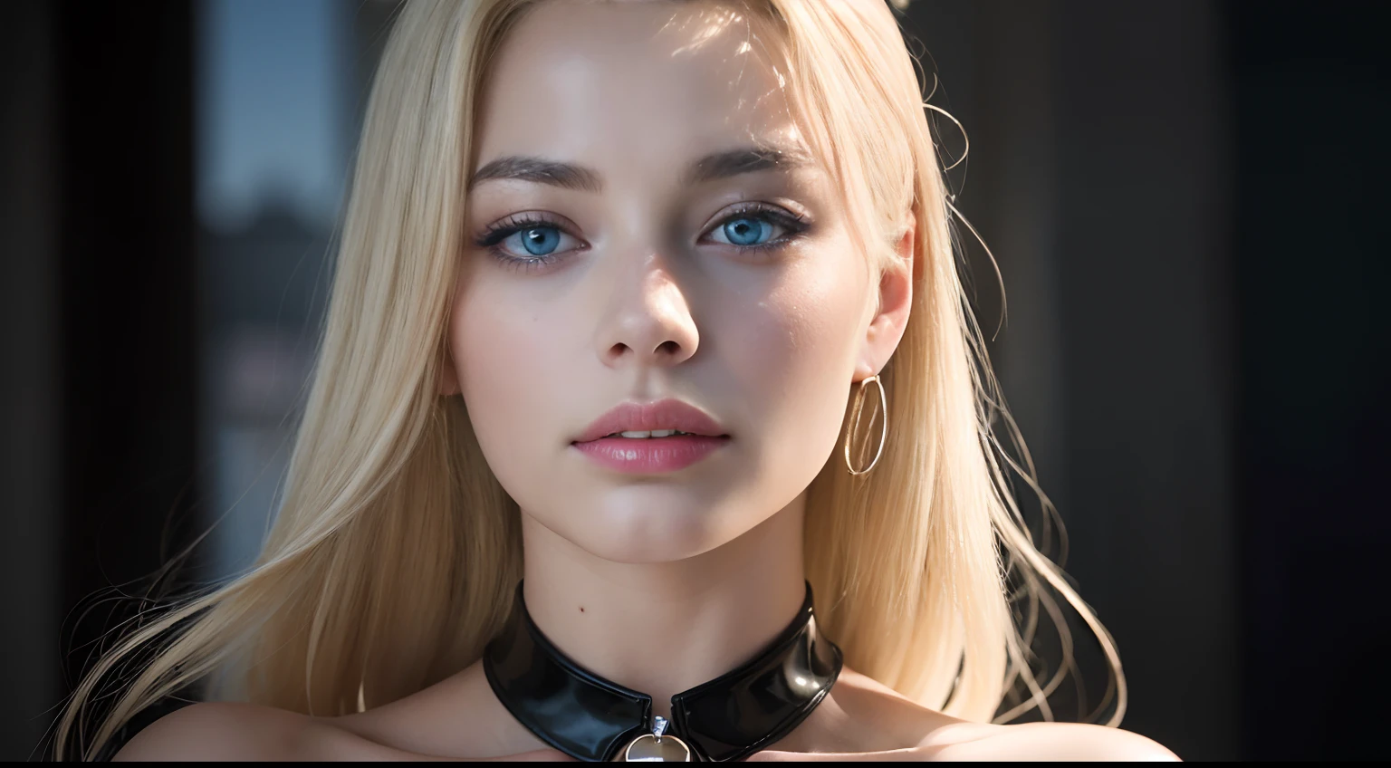 good quality, best quality, photo-realisti, Rohfoto, realisti, ultra realisti 8k cg, ultradetailed, High resolution, masterpiece, 1 girl, 19 years old, long gold blonde hair, bangs, blue eyes, detailed face and eyes, close up shot, Intricate detailing, detailed texture, delicate detailed, kurzes Latex-Top, Jewelry around the neck, medium breasts