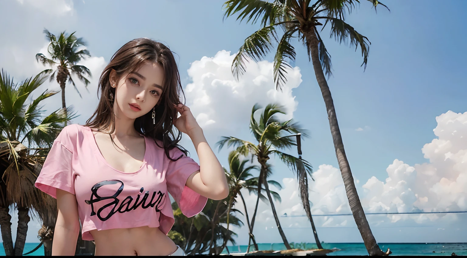 Kim Ji-ni Jennie face, wearing fluorescent orange suspenders, dirty braids, cropped and pink shorts, sexy, cute, sitting on the beach by the sea, sun on the face, sunshine