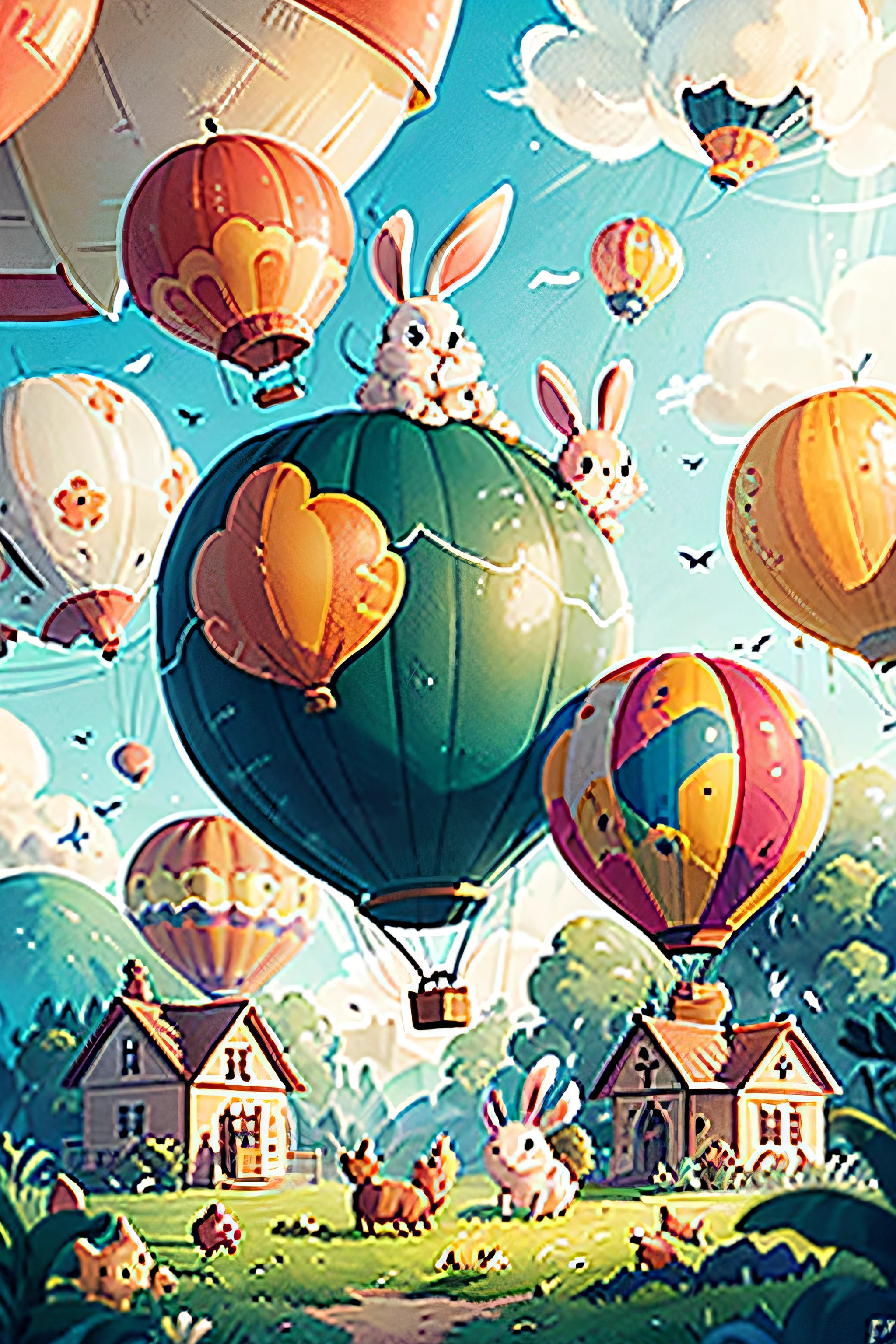 hot air balloon,Carrying a rabbit and a herd of small animals,Fly over the playground
