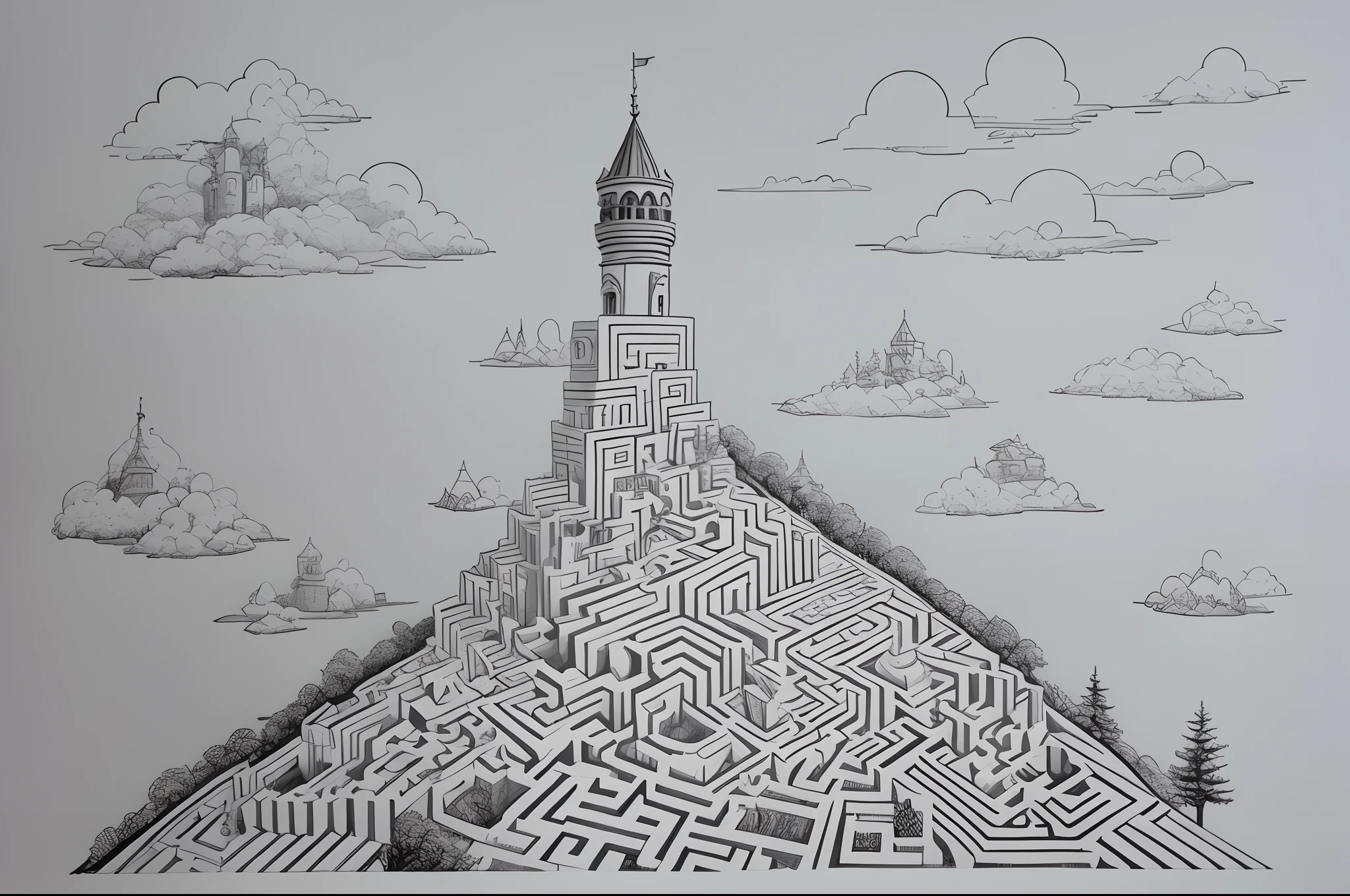Drawing of a castle in the middle of a labyrinth with a clock tower, Thomas Veyrat intrincado, inspirado em M. C. Escher, inspirado em M.C. Escher, intricate 3 d illustration, surreal + altamente detalhado, pintura realista de um complexo, inspirado em MC Escher, inspirado em Tomek Setowski, Intrincado Greg Rutkowski