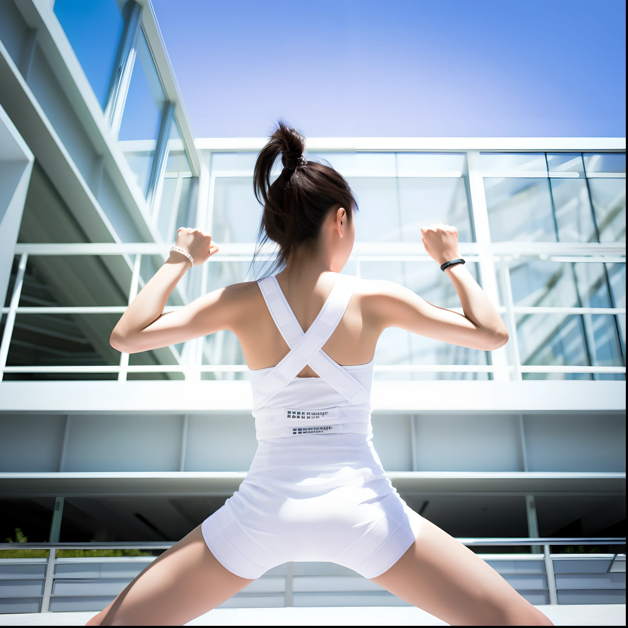 Woman in white tennis clothes standing on tennis court with arms floating in the air, strong pose, wearing white leotard, Strongest Pose, muscular! white, power pose, Back Pose, Powerful Pose, Pose(Arms up + Happy), low - angle shot from behind, fight pose, powerful stance, aggressive pose, confident action pose, Battle Pose, jumping pose