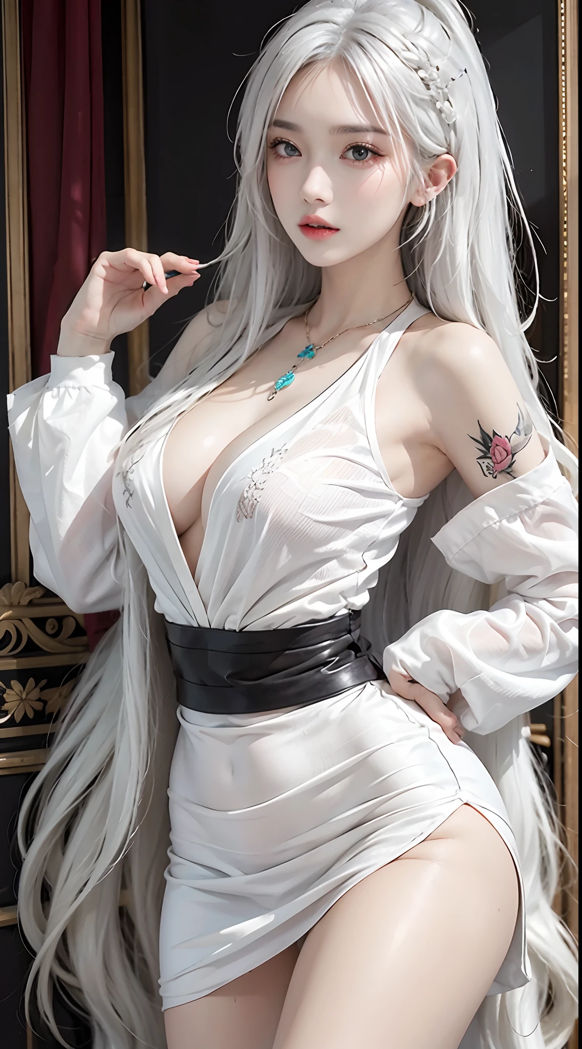 high resolution, 1 woman, hips up, Beautiful eyes, Long hair, ringed eyes, jewelry, tattoo, colorful street wear, white hair