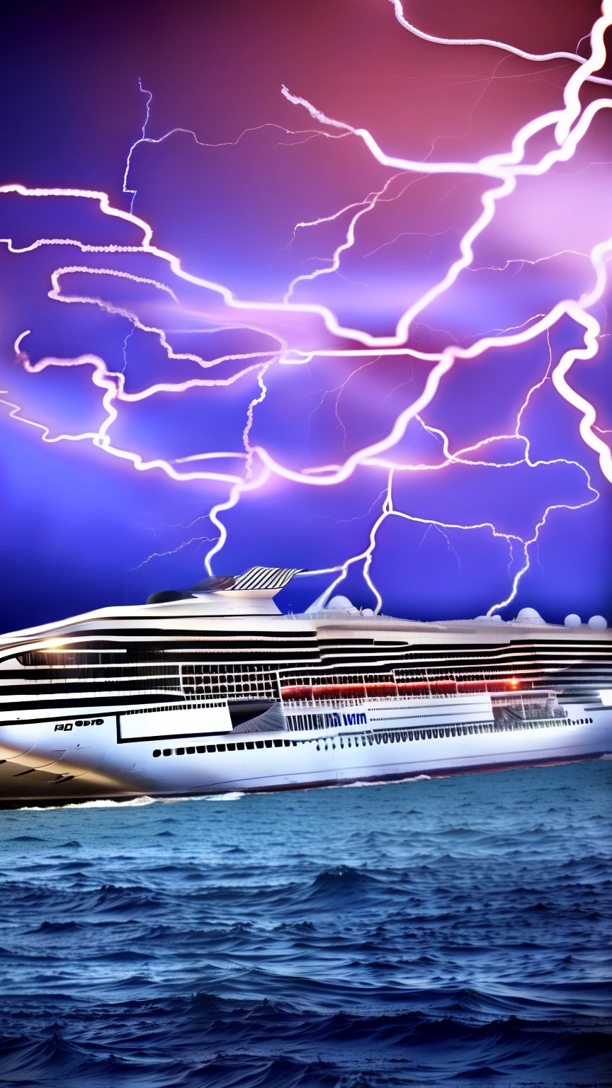 A huge cruise ship is sailing alone in the waters, blue waters, black sky, there are purple lightnings in the sky, high detail of the face, 8k --auto --s2