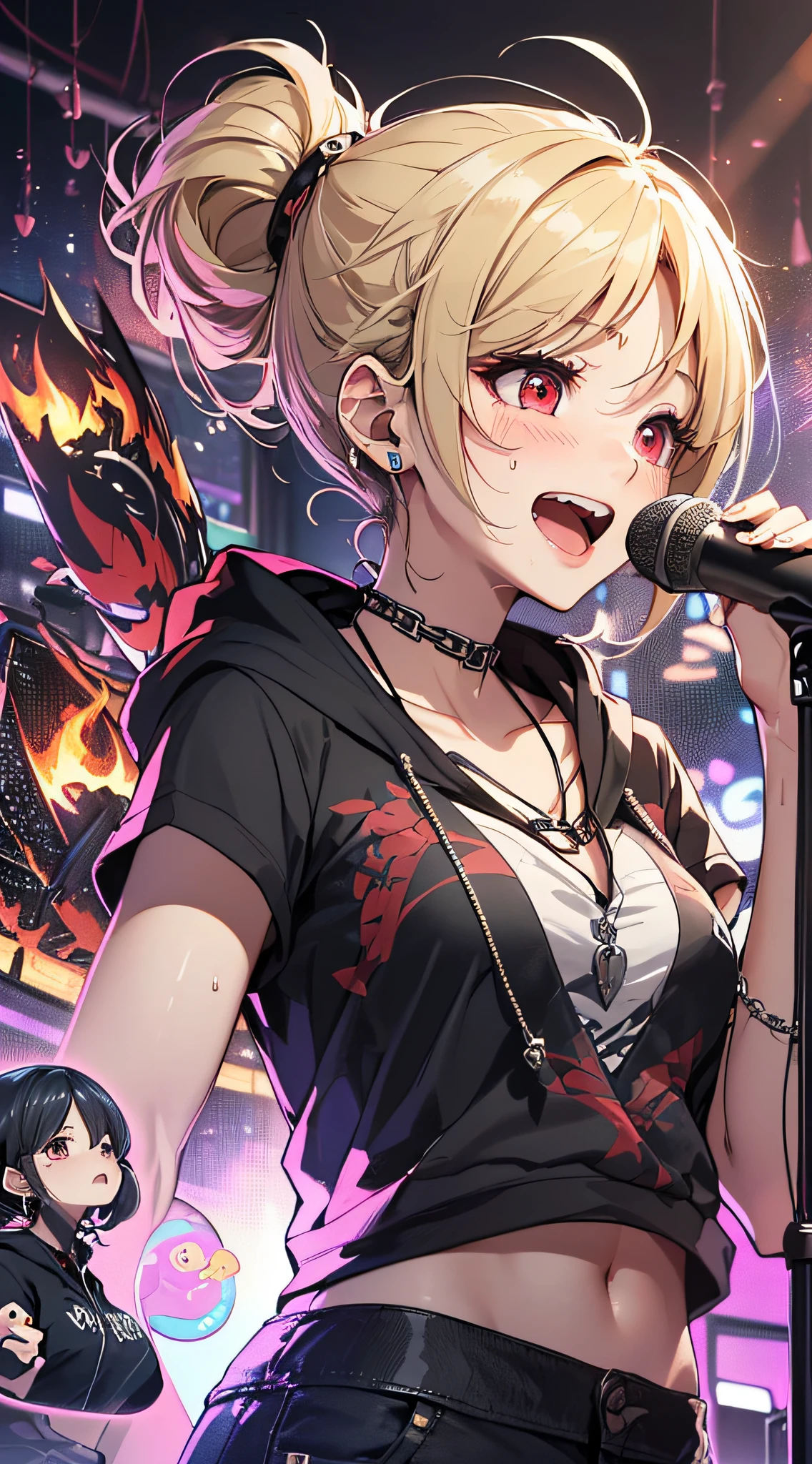 top-quality、Top image quality、masterpiece、girl with((18year old、tatteredclothing、Black tank top、Black short-sleeved hoodie、White pants、Best Bust、Bust 85、a blond、disheveled ponytail、Red Eyes、open chest wide、Happiness、Sweating、Chain Accessories、holding the mic、Voice bubbles(I love you),Singing、dance))hiquality、visualart、Background with((live house、knight、Combustion Renditions、Laser Pointer))、masutepiece