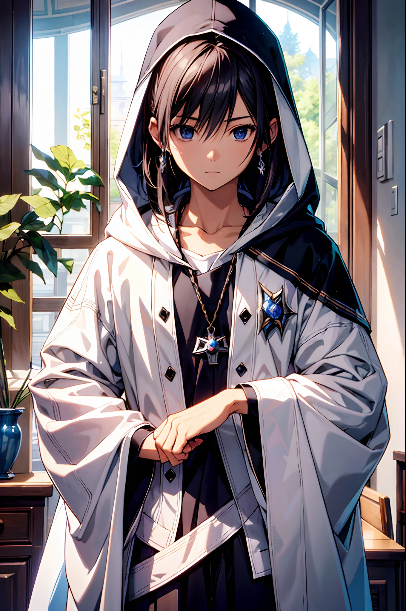 absurdres, highres, (official art, beautiful and aesthetic:1.2), (close view:1.2), Front composition, High quality、masterpiece、Kingdom hearts、1 male、Sola、Please wear a white robe and hood、shining eyes