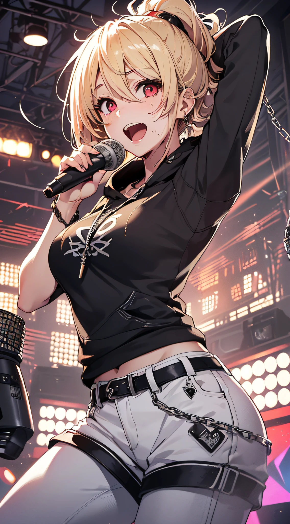 top-quality、Top image quality、masterpiece、girl with((18year old、tatteredclothing、Black tank top、Black short-sleeved hoodie、White pants、Best Bust、Bust 85、a blond、disheveled ponytail、Red Eyes、open chest wide、Happiness、Sweating、Chain Accessories、holding the mic、Voice bubbles(I love you),Singing、dance))hiquality、visualart、Background with((live house、knight、Combustion Renditions、Laser Pointer))、masutepiece