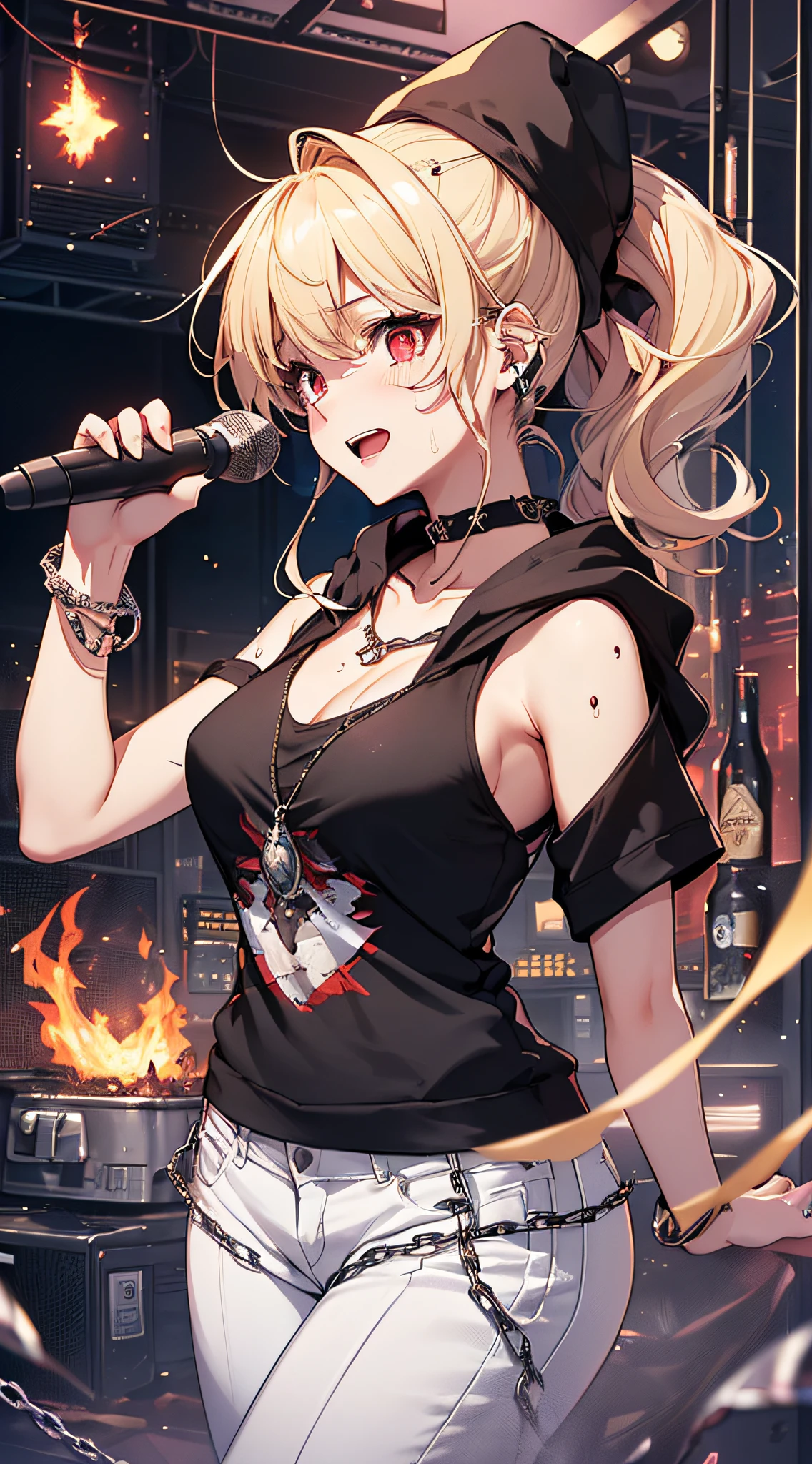 top-quality、Top image quality、​masterpiece、girl with((18year old、tatteredclothing、Black tank top、Black short-sleeved hoodie、White pants、Best Bust、Bust 85、a blond、disheveled ponytail、Red Eyes、open chest wide、Happiness、Sweating、Chain Accessories、holding the mic、Voice bubbles(I love you),Singing、dance)）hiquality、visualart、Background with((live house、knight、Combustion Renditions、Laser Pointer))、masutepiece