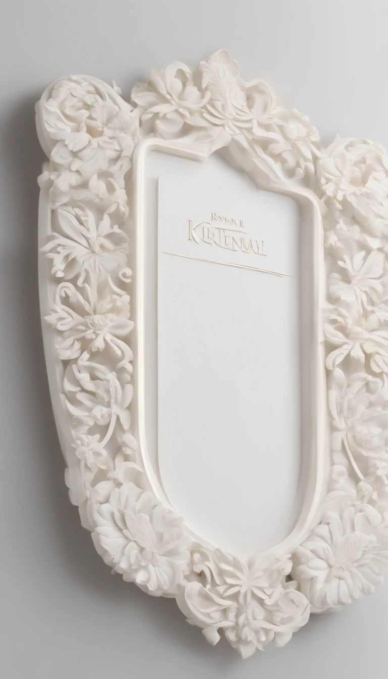 3D white pop-out name plate, long horizontal tounded rectangle name plate, blank name plate, relief surround name plate, meticulously carved, white ivory carving, minimalistic, white spaces, pastel, javanese style, blank background, multidimensional paper fog crafts, paper illustration, portrait angle view, surabaya, 8k,chick, elegant, satisfying, forrestrial, high resolution, 8k