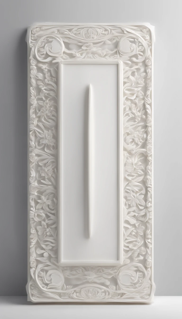 3D white pop-out name plate, long horizontal tounded rectangle name plate, blank name plate, relief surround name plate, meticulously carved, white ivory carving, minimalistic, white spaces, pastel, javanese style, blank background, multidimensional paper fog crafts, paper illustration, portrait angle view, surabaya, 8k,chick, elegant, satisfying, forrestrial, high resolution, 8k