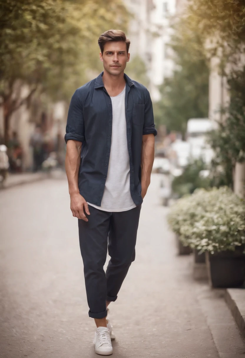 (( man)) wearing short shirt, long pants and sneakers,medium long shot