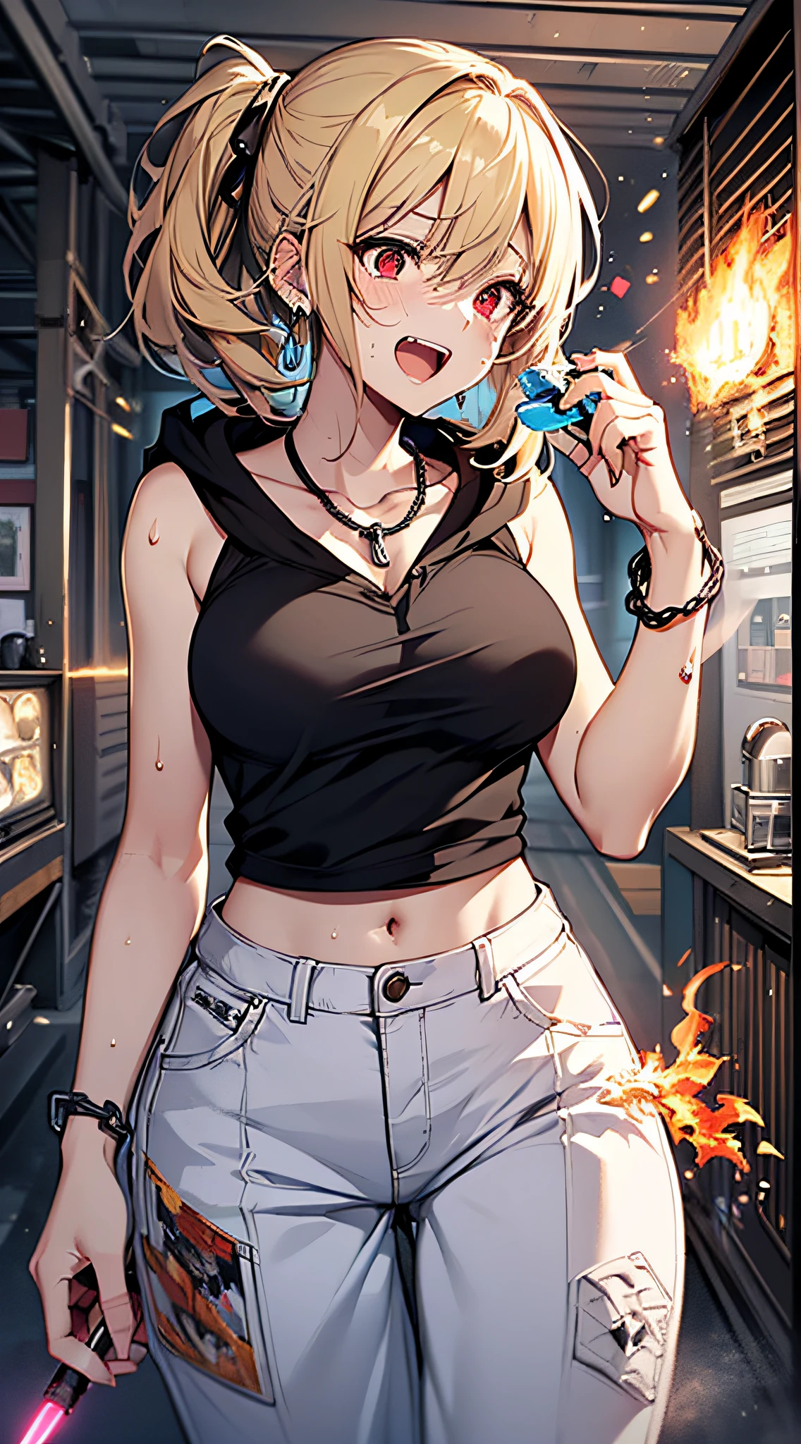 top-quality、Top image quality、masterpiece、girl with((18year old、tatteredclothing、Black tank top、Black short-sleeved hoodie、White pants、Best Bust、Bust 85、a blond、disheveled ponytail、Red Eyes、open chest wide、Happiness、Sweating、Chain Accessories、holding the mic、Voice bubbles(I love you),Singing、dance))hiquality、visualart、Background with((live house、knight、Combustion Renditions、Laser Pointer))、masutepiece