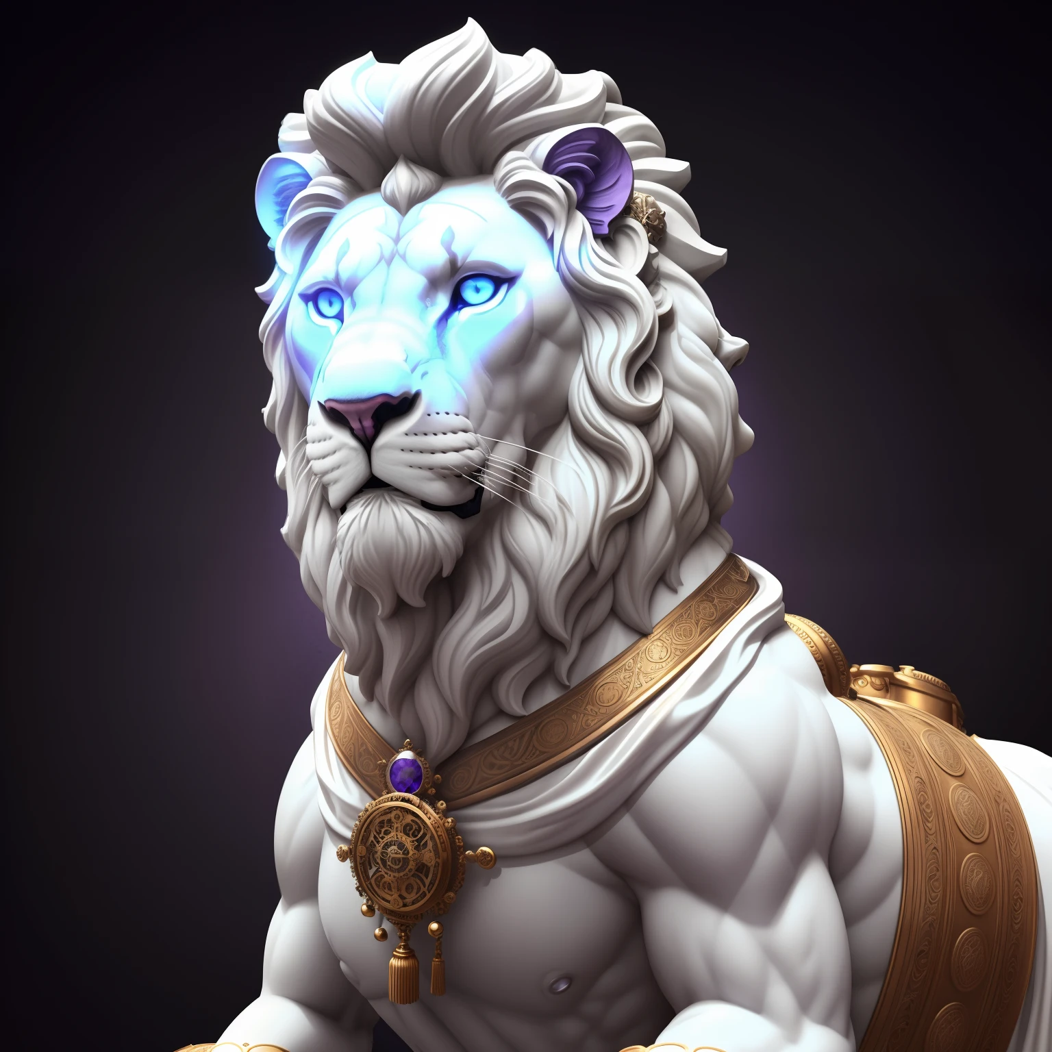 A realistic white marble statue of a carefully detailed steampunk violet lion wearing a ghostly toga, perfect symmetrical eyes, fundo preto, Moody, fotorrealista, super detalhada, Hiper realista, luzes brilhantes, 8k