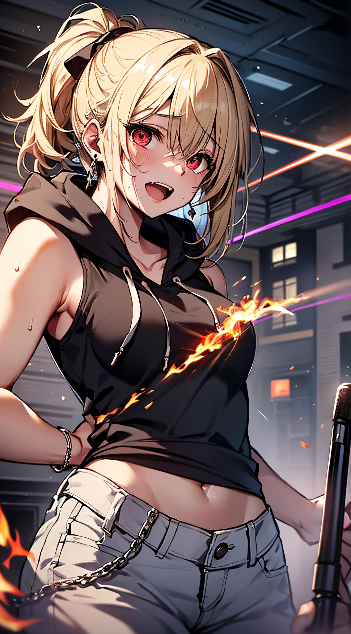 top-quality、Top image quality、masterpiece、girl with((18year old、tatteredclothing、Black tank top、Black short-sleeved hoodie、White pants、Best Bust、Bust 85、a blond、disheveled ponytail、Red Eyes、open chest wide、Happiness、Sweating、Chain Accessories、holding the mic、Voice bubbles(I love you),Singing、dance))hiquality、visualart、Background with((live house、knight、Combustion Renditions、Laser Pointer))、masutepiece