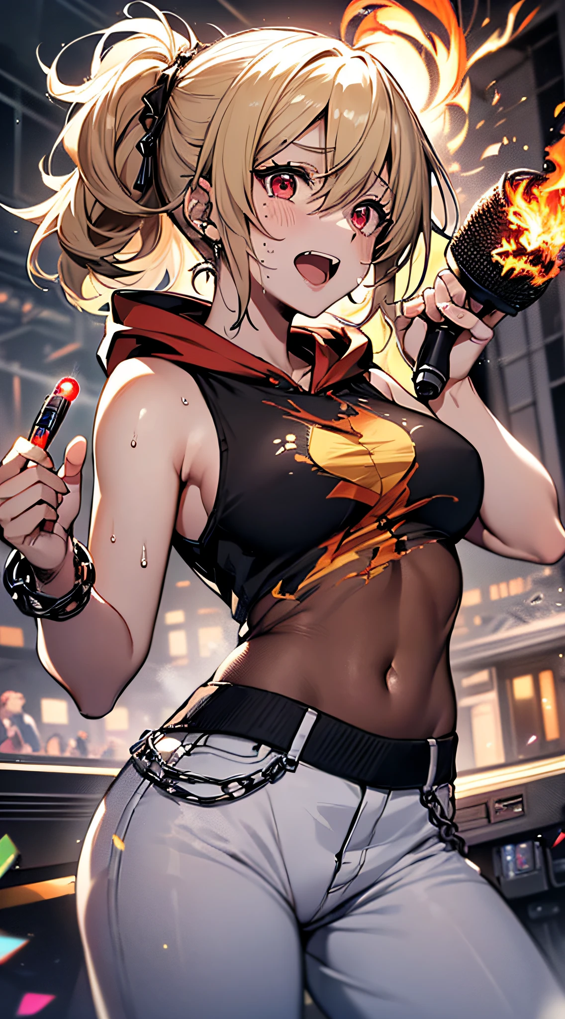 top-quality、Top image quality、​masterpiece、girl with((18year old、tatteredclothing、Black tank top、Black short-sleeved hoodie、White pants、Best Bust、Bust 85、a blond、disheveled ponytail、Red Eyes、open chest wide、Happiness、Sweating、Chain Accessories、holding the mic、Voice bubbles(I love you),Singing、dance)）hiquality、visualart、Background with((live house、knight、Combustion Renditions、Laser Pointer))、masutepiece