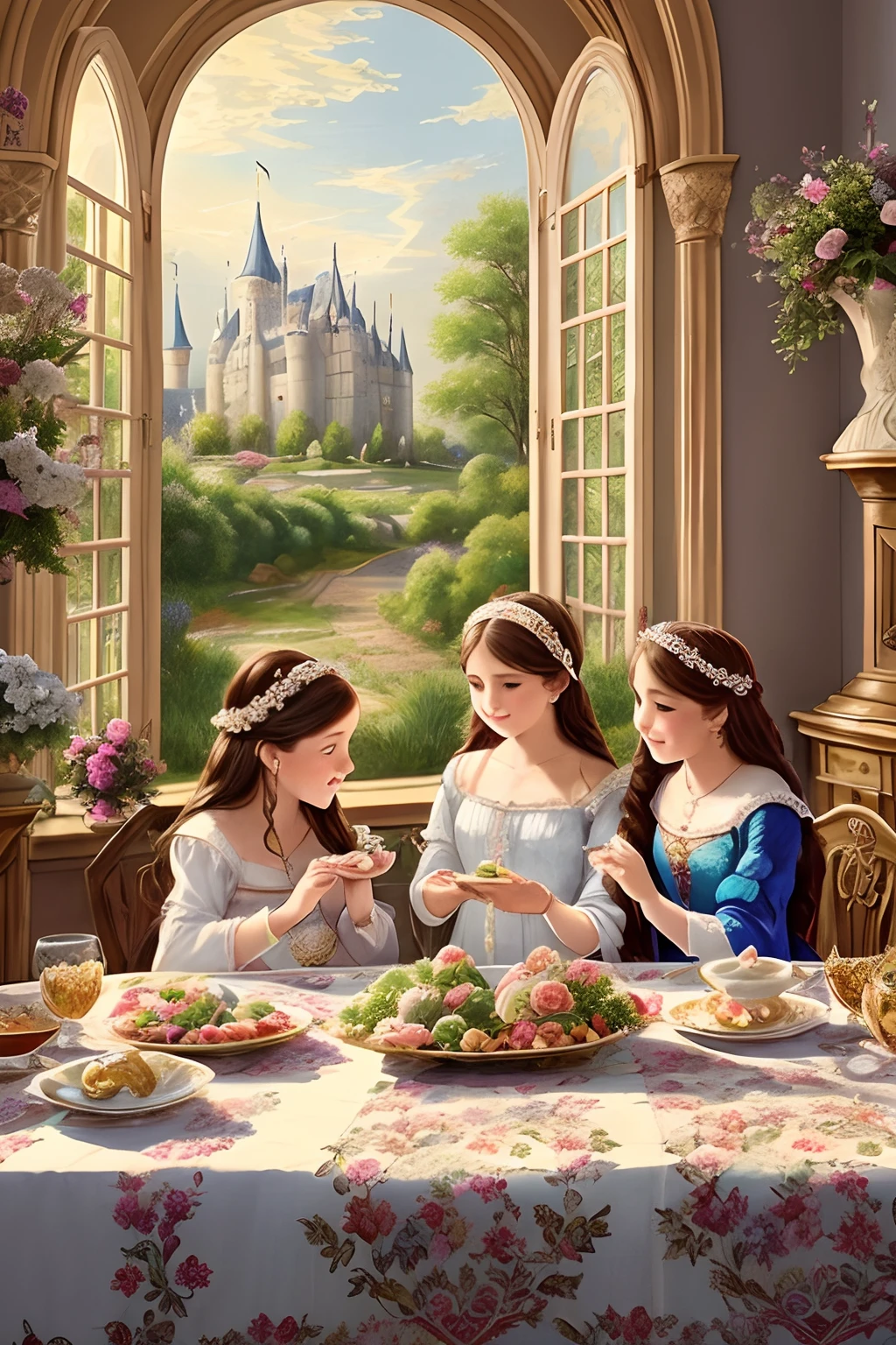 cartoon style (high resolution: 1.2),Happy moment, medieval mother and three daughters, go shopping at village market, cheer, bunnies and duck, beautiful detailed eyes, lush green garden, long flowing hair, traditional medieval clothes, castle in the background, soft natural light, portrait, realistic colors, tranquil atmosphere, immaculate details, classic oil painting, antique style, a moment frozen in time, subtle brushstrokes, vibrant hues, serene expressions, bond of love between mother and daughters , graceful poses, sunlight streaming through the trees, meticulous attention to detail, expression of tenderness and care, impressive depth and scale, majestic architecture, storybook atmosphere, caring presence of the mother, sparkling jewels and headdresses, triumphant but tender, antique tapestries and decorations, floral motifs and embroidery, draped fabrics and textures, delicate lace and ruffles, sumptuous banquet table in the castle, playful interaction between daughters, jewel-toned stained glass windows, flowers blooming lushly, butterflies and birds flutter around, stories and mysteries revealed, an enchanting tale of love and family.