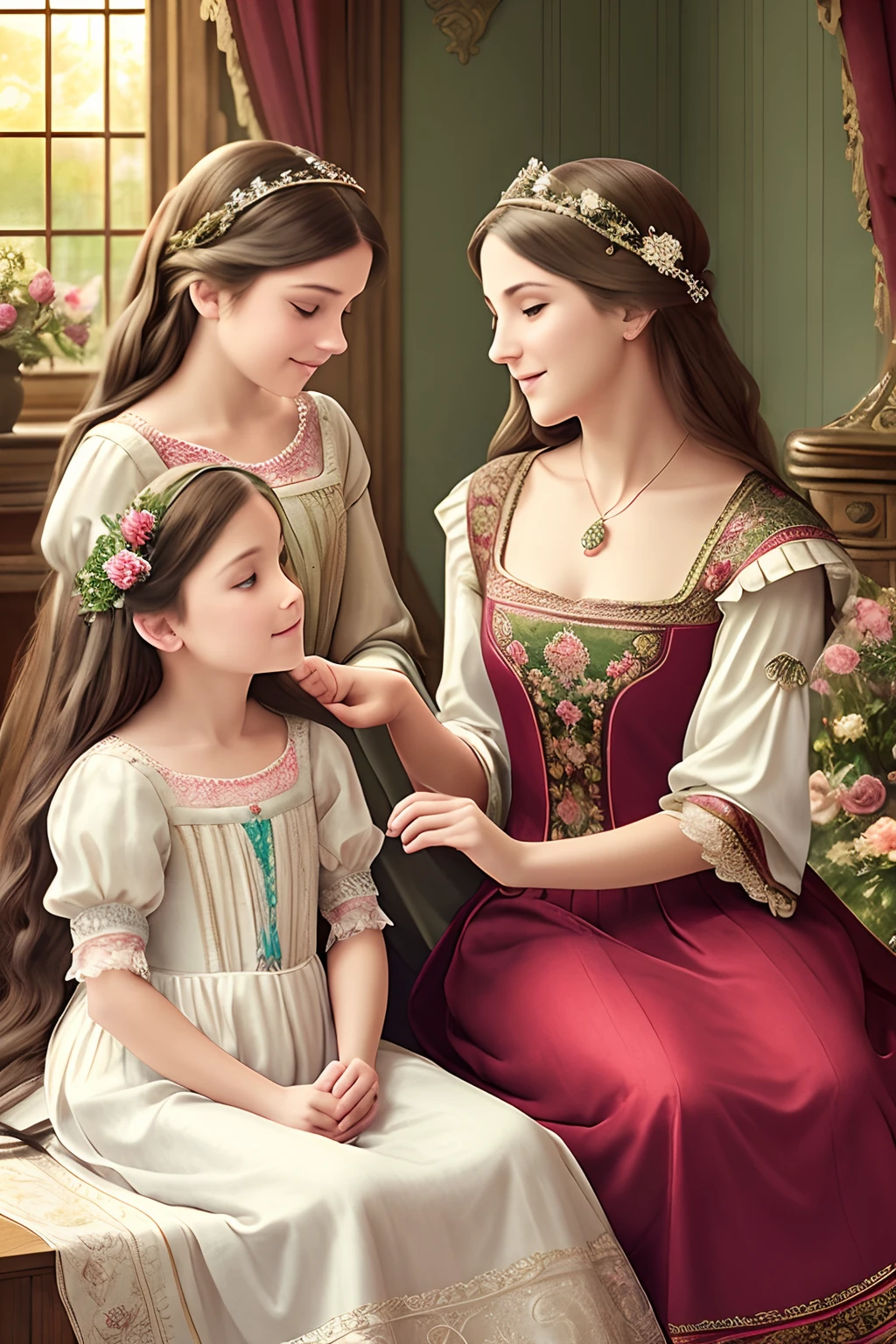cartoon style (high resolution: 1.2),Happy moment, medieval mother and three daughters, go shopping at village market, cheer, bunnies and duck, beautiful detailed eyes, lush green garden, long flowing hair, traditional medieval clothes, castle in the background, soft natural light, portrait, realistic colors, tranquil atmosphere, immaculate details, classic oil painting, antique style, a moment frozen in time, subtle brushstrokes, vibrant hues, serene expressions, bond of love between mother and daughters , graceful poses, sunlight streaming through the trees, meticulous attention to detail, expression of tenderness and care, impressive depth and scale, majestic architecture, storybook atmosphere, caring presence of the mother, sparkling jewels and headdresses, triumphant but tender, antique tapestries and decorations, floral motifs and embroidery, draped fabrics and textures, delicate lace and ruffles, sumptuous banquet table in the castle, playful interaction between daughters, jewel-toned stained glass windows, flowers blooming lushly, butterflies and birds flutter around, stories and mysteries revealed, an enchanting tale of love and family.