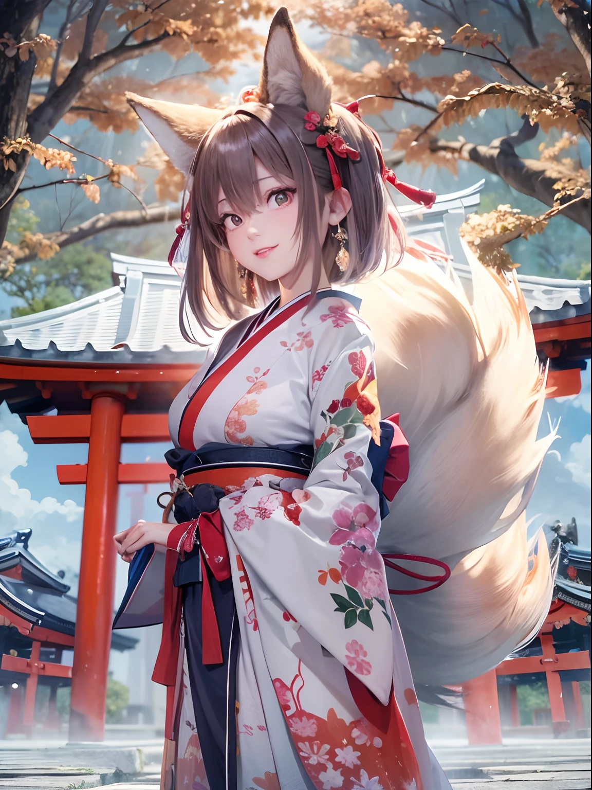 Picture like a photo, Beautifully Aesthetic, ((Nine-tailed fox)), ((Transcendent Beautiful Girl)), (delicated face), Beautiful lips, (Beautiful eyes), sexy proportions, (Beautiful udder), Beautiful labia, wetted skin, ((shrine maiden)), Nine fox tails, Standing, seductive smile, full body seen, Shrine of Japan, torii gate, Komainu, nigh sky, Moonlight, wide shot, from below, UHD, 8k, best quality, anatomically correct, textured skin, high details