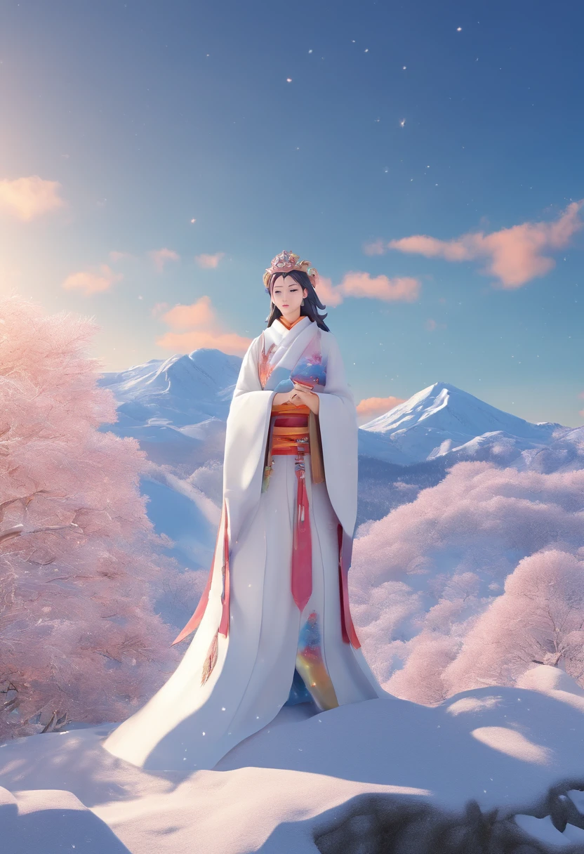 Kikurihime Hakusan, Goddess standing on snowy Hakusan mountain. Kikurihime's background is a cloudless blue sky。
