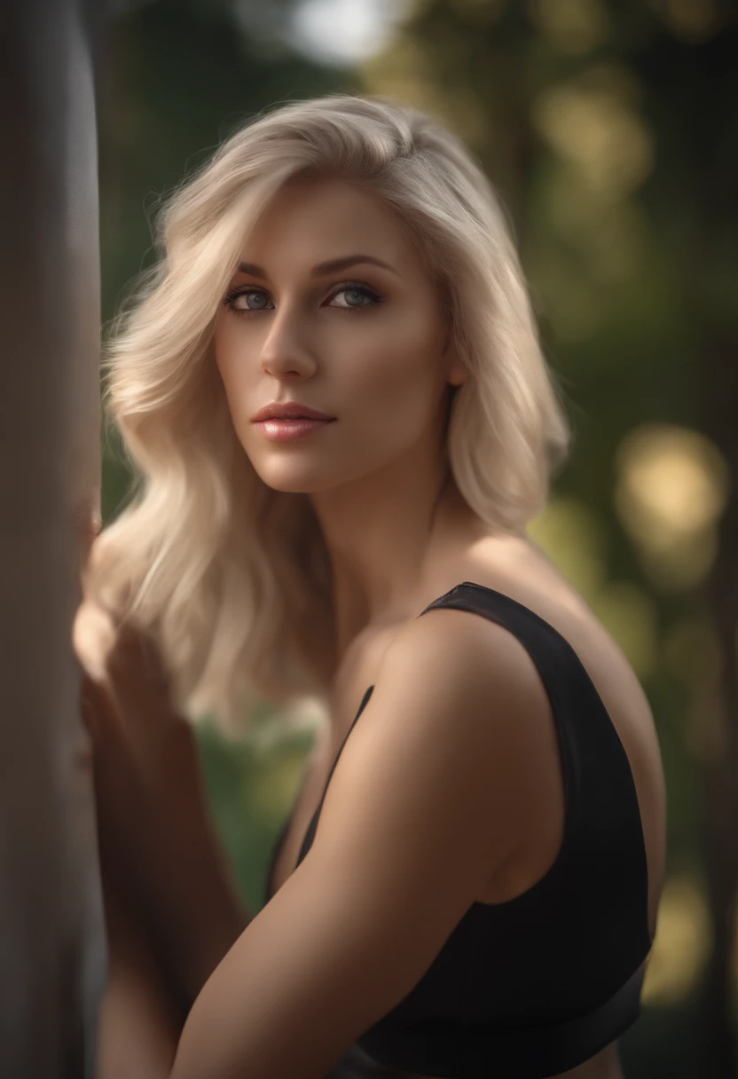 4K, highly detailed, sharp focus, skinny, white skin, blonde hair, professional, photorealistic, max detail, real life, photography, 8k, upper body, shiny hair, glowing eyes, lustrous skin, realistic, huge breasts, perfect female figure, looking at viewer, seductive posture, sexy pose, at the park