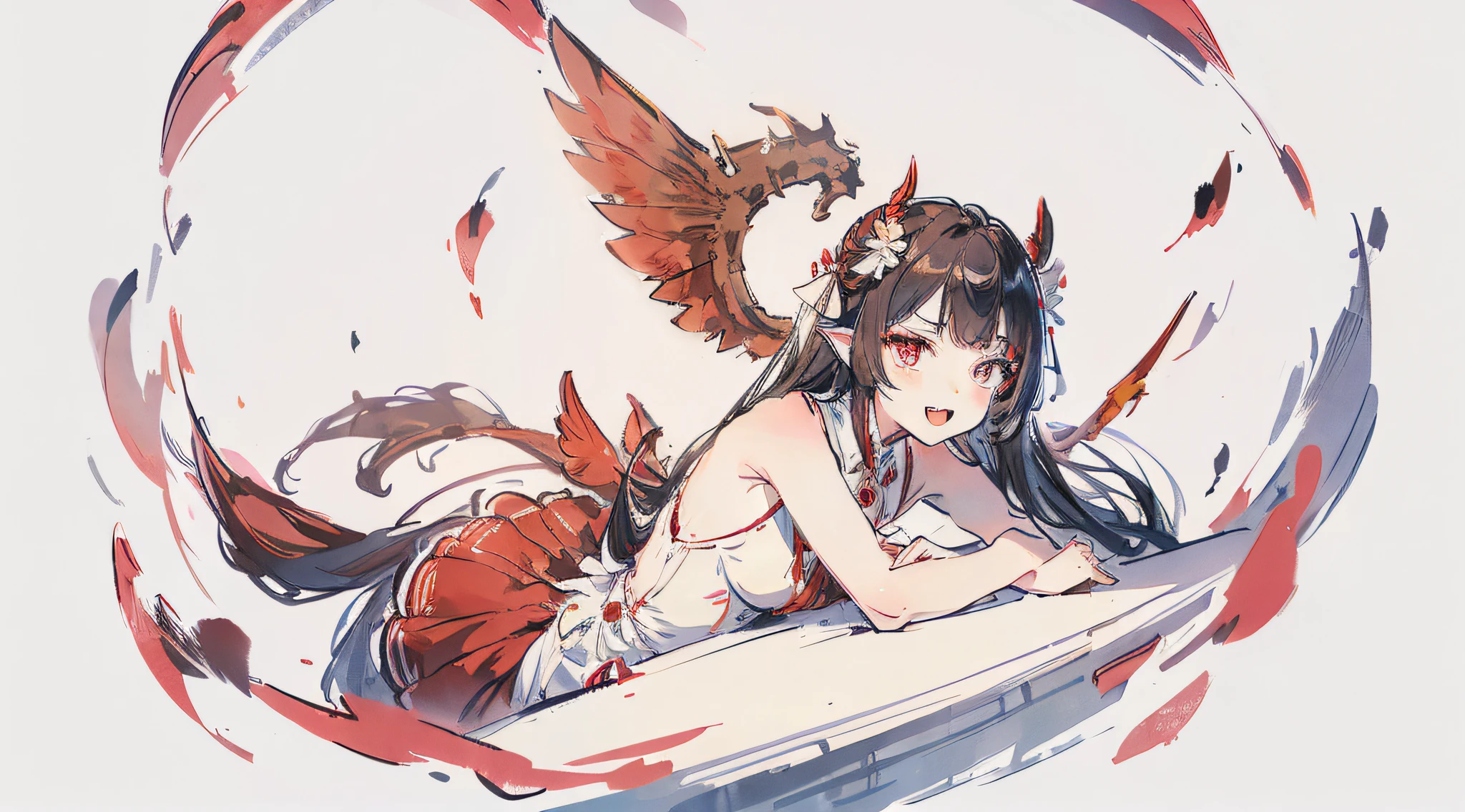 1girl in, Virtual Youtuber, Hair Ornament, Long hair, Solo, Wings, crescent-shaped hair ornament, Red Eyes, Red hair, Heterochromia, Horns, flower, Dress, Demon Wings, diadems, two side up, Open mouth, Smile, shoes, Crescent, Demon Girl, demon tail, Full body, Ahoge, mini crown, White Dress, Very long hair, Demon Horns, Sleeveless, Bangs, Looking at Viewer, White background, Hair Flower, Tail ornament, Simple background, blush, white blossoms, :D, tusk, Bare arms, bow ribbon, Sleeveless dress, white footwear, Bare shoulders, Blue eyes, hair bobbles, frilld, hair between eye, Blue Ribbon, Bow, Tail ribbon, 鎖骨, No socks, low-tied long hair, Tail bow, Neck ribbon, Seen from the side, Turned