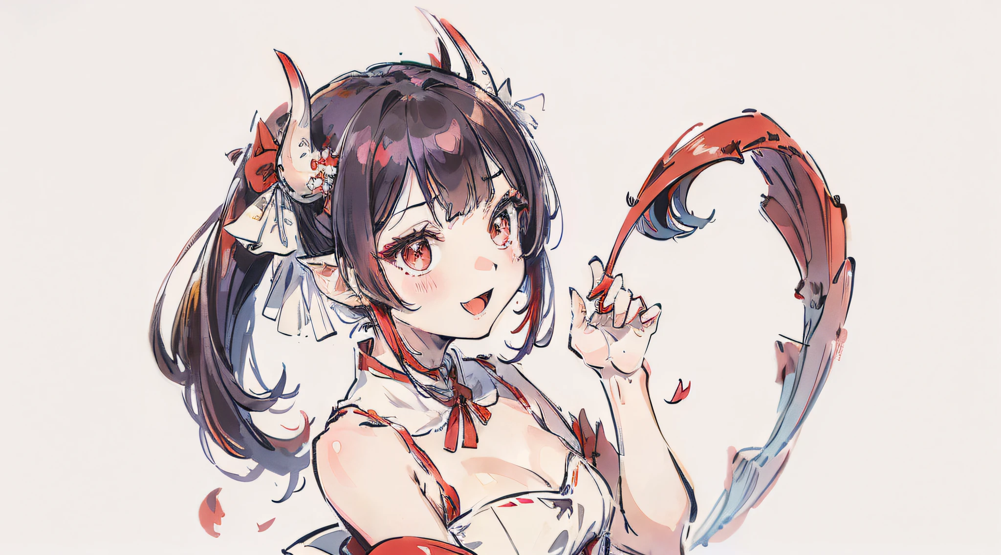 1girl in, Virtual Youtuber, Hair Ornament, Long hair, Solo, Wings, crescent-shaped hair ornament, Red Eyes, Red hair, Heterochromia, Horns, flower, Dress, Demon Wings, diadems, two side up, Open mouth, Smile, shoes, Crescent, Demon Girl, demon tail, Full body, Ahoge, mini crown, White Dress, Very long hair, Demon Horns, Sleeveless, Bangs, Looking at Viewer, White background, Hair Flower, Tail ornament, Simple background, blush, white blossoms, :D, tusk, Bare arms, bow ribbon, Sleeveless dress, white footwear, Bare shoulders, Blue eyes, hair bobbles, frilld, hair between eye, Blue Ribbon, Bow, Tail ribbon, 鎖骨, No socks, low-tied long hair, Tail bow, Neck ribbon, Seen from the side, Turned