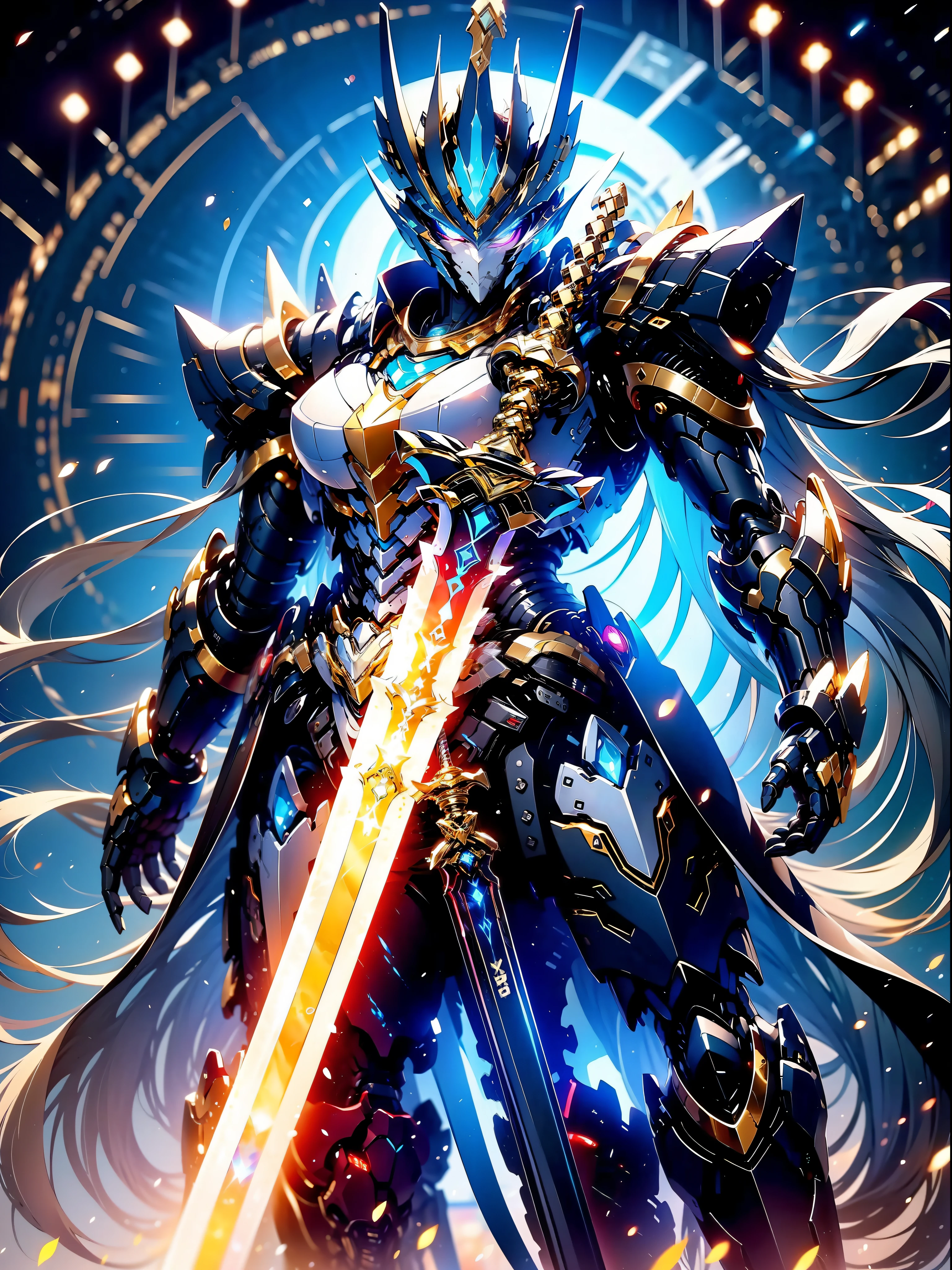 ultra wide shot, full body shot, (masterpiece) ， the best quality， High Quality， （futurism：1.1）， （A paladin holding a light infused sword, light magic, divine, magewave, silver and gold）， movie lights， （Exquisite future）， Beautiful and beautiful， Ultra detailed， Great composition， floating， Depth of field， （Very detailed CG，Unity 8k壁纸）， （Beautiful detail background）， Beautiful hair details， dramatic lights， GOGETTA， mecha，Bestquality，ultrahighres，photorealistic