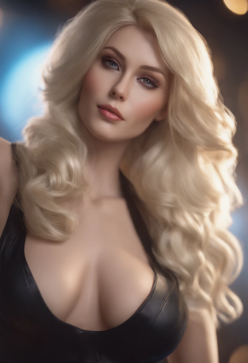 4K, highly detailed, sharp focus, skinny, white skin, blonde hair, professional, photorealistic, max detail, real life, photography, 8k, upper body, shiny hair, glowing eyes, lustrous skin, realistic, huge breasts, perfect female figure, looking at viewer, seductive posture, sexy pose, wearing cosplay