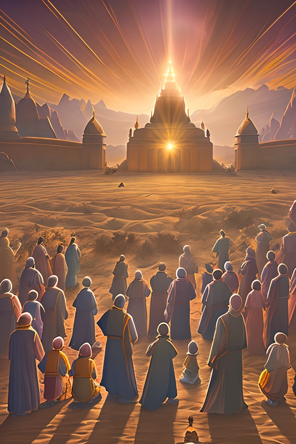 Generate an awe-inspiring image set in a vast desert where a large group of pilgrims prostrate themselves in worship of a miraculous deity. Divinity manifests as a luminous, ethereal silhouette in the sky.