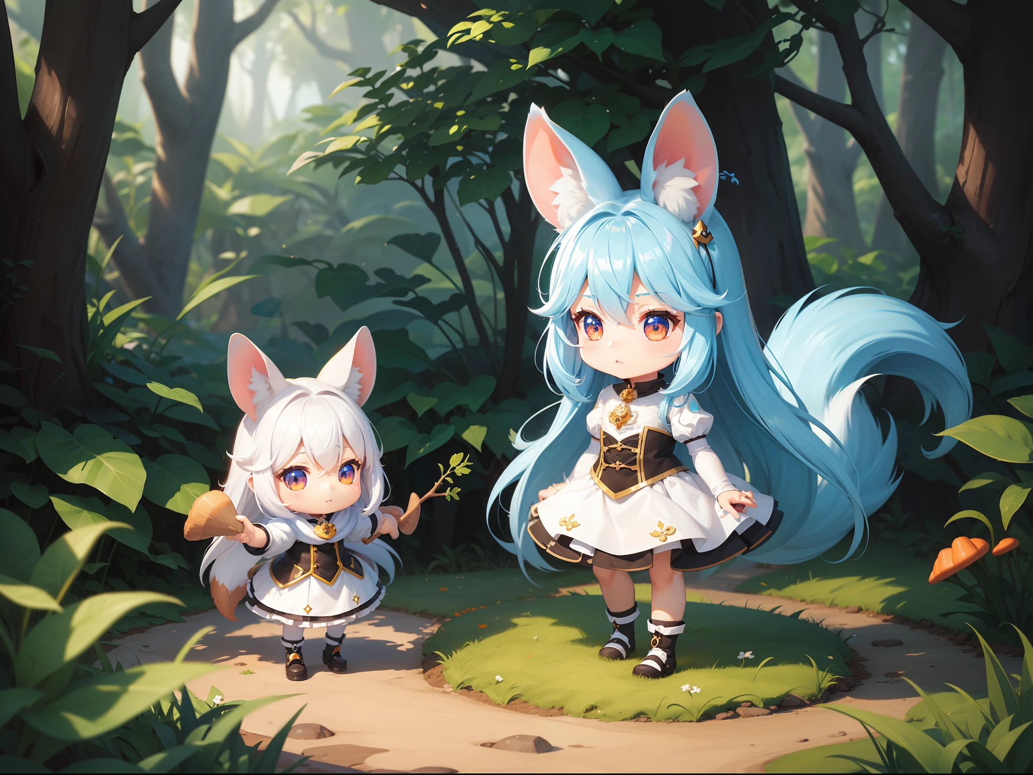 There is a little white rabbit with long ears with carrots,  White long ears、I'm with a chibi-chara girl with long blue hair。It is a cute costume in white and blue。Dark eyes。cute forest creature, Cute mushrooms also grow、Adorable Digital Painting, cute detailed digital art, the squirrel king, Cute digital art, cute cartoon characters, cute character, CuteCreatures, Cutie, official illustrations, Official art, squirrel, maplestory mouse, astri lohne,  cute 3d render