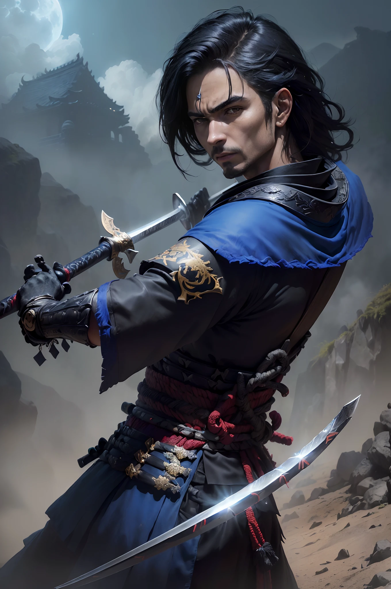 ((1 guerreiro )), com sua (((espada samurai de tom de azul negro))), ((((olhando para a lua cheia em um antigo templo)))), (( de um monte)), com um((Dragoned )) o acompanhando,(((((ultra HD))))), (((ultra realismo)))), 4K,