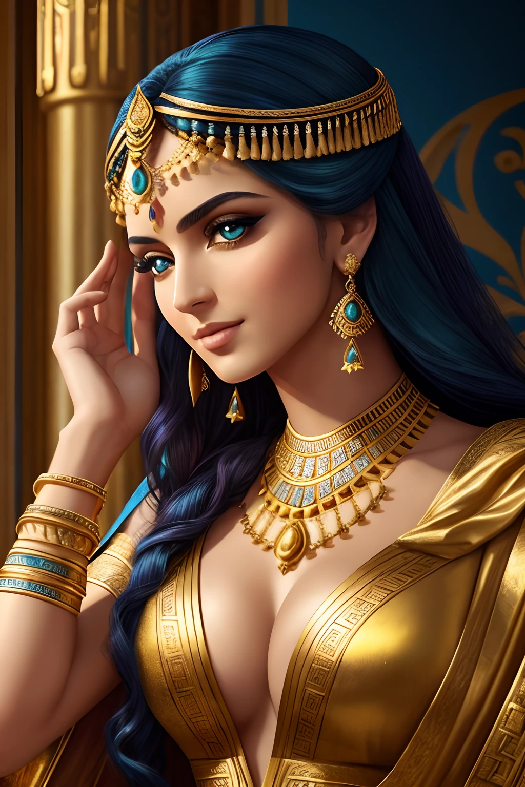 Cleopatra 7, Greek style, Magnificent colors, Detailed and realistic portrayal, Superb Painting, A high resolution:1.2, Photorealistic:1.37, ancient egypt background, golden jewelery, captivating green eyes, Charming delicate lips, Exquisite facial features, flowing curls, Queen-like gesture and confident expression, Delicate headdress decorated with laurel garlands, Intricate Greek motifs on her clothes, An elegant draped robe，Vivid blue and gold tones, Gorgeous palace background, Soft natural lighting, Rich shadows add depth and dimension, A majestic aura surrounded her.